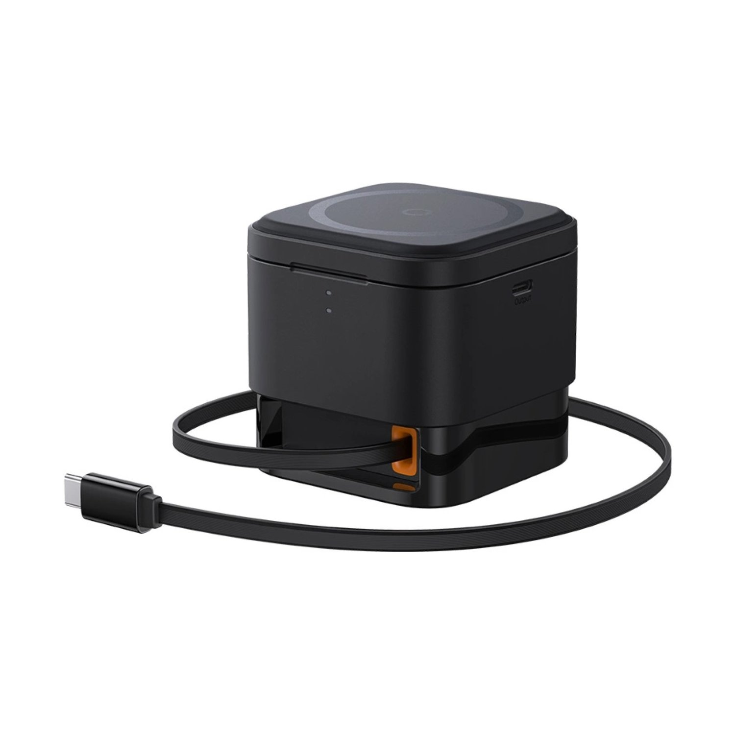 Estación de carga negra con cable USB-C.