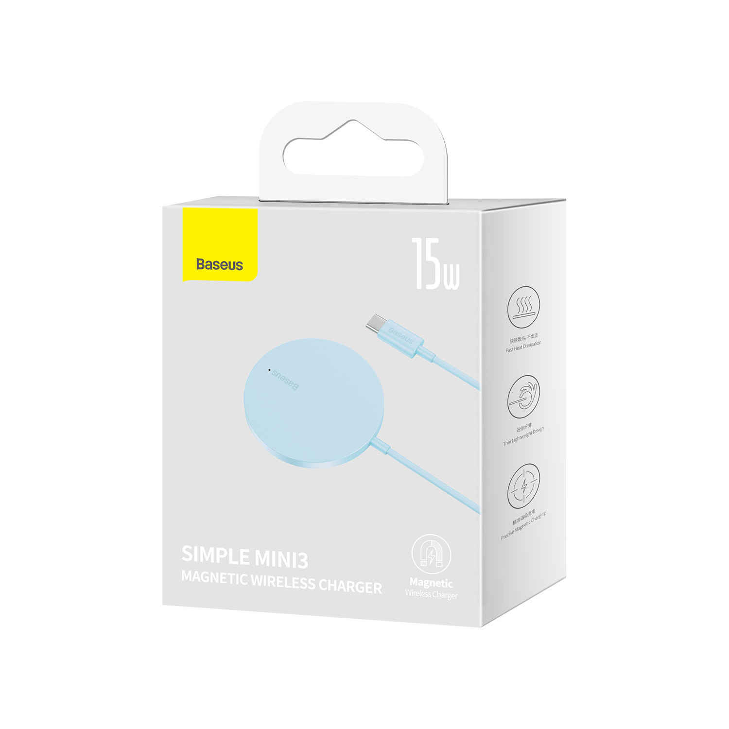 Niebieska magnetyczna ładowarka bezprzewodowa i pudełko, z tekstem i ikonami, na białym tle.