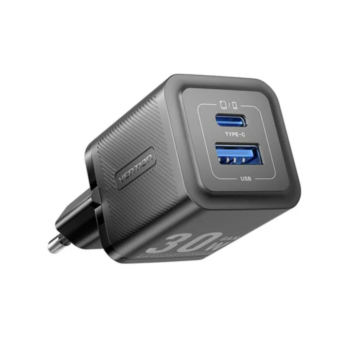 Caricabatterie USB nero con due porte, una porta di tipo C e un display di uscita.