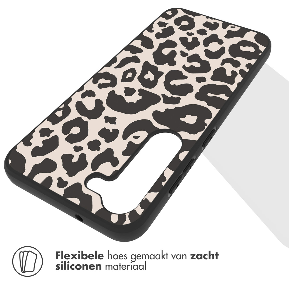Phone case with leopard print pattern. Text says 'flexible case made of soft silicone material'.