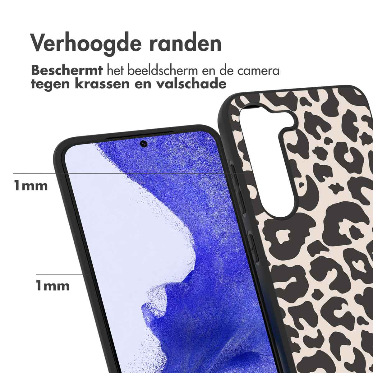 Close-up of phone case with leopard print, showing raised edges.
