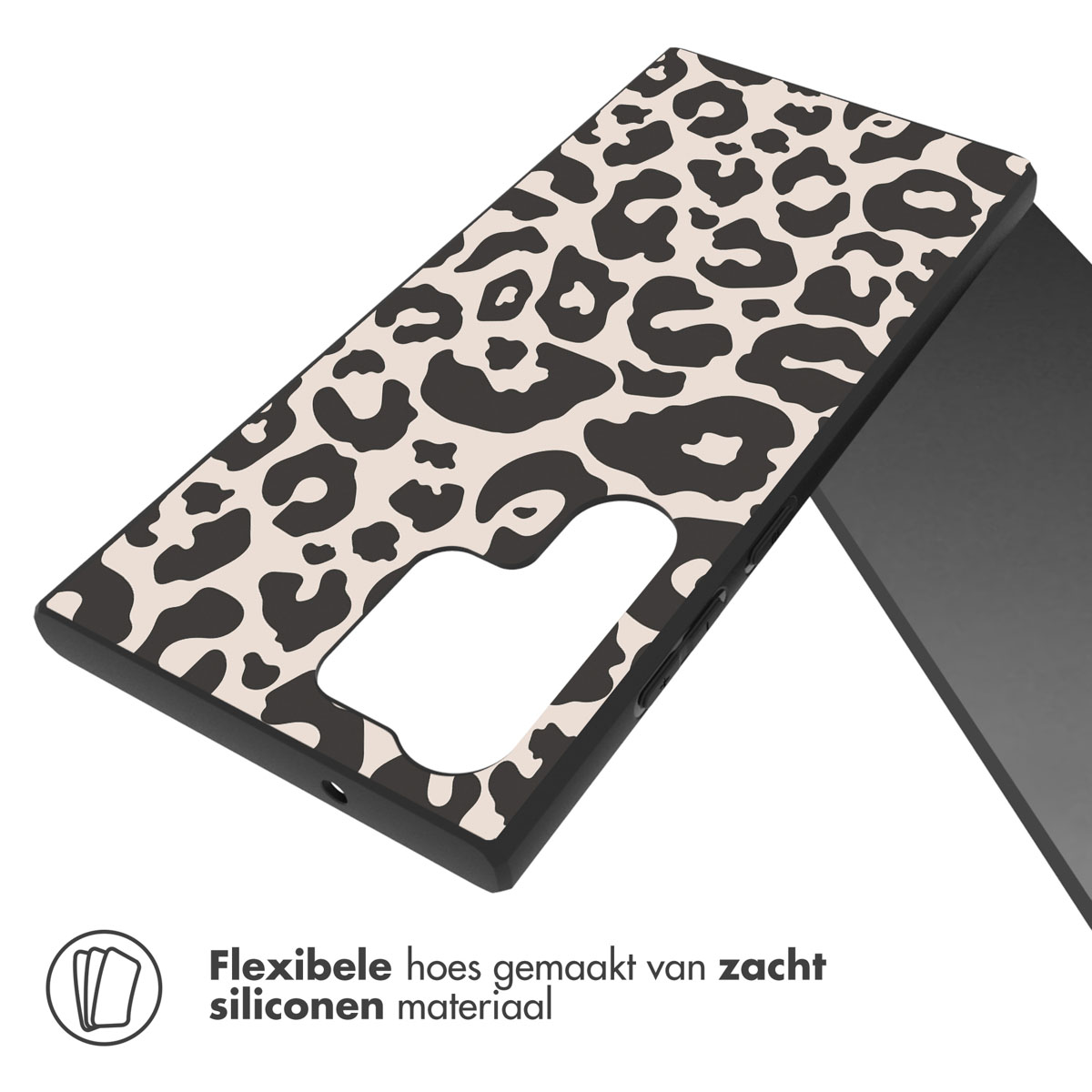 Eine Handyhülle mit Leopardenmuster und Text auf Niederländisch.