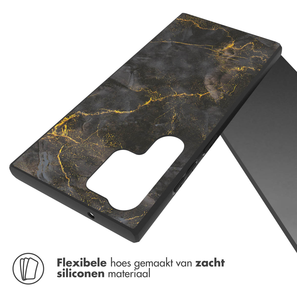 Schwarze Handyhülle mit goldenen Adern. Text: 'Flexible Hüllen aus weichem Silikonmaterial'.