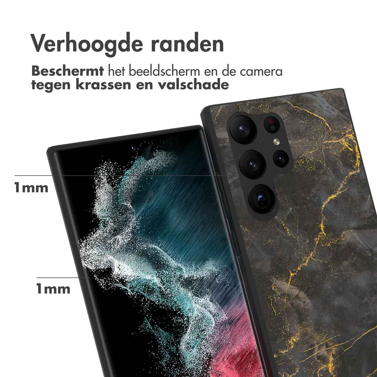 Ein Smartphone in einer Hülle, die erhöhte Kanten zeigt und den Bildschirm und die Kamera schützt.