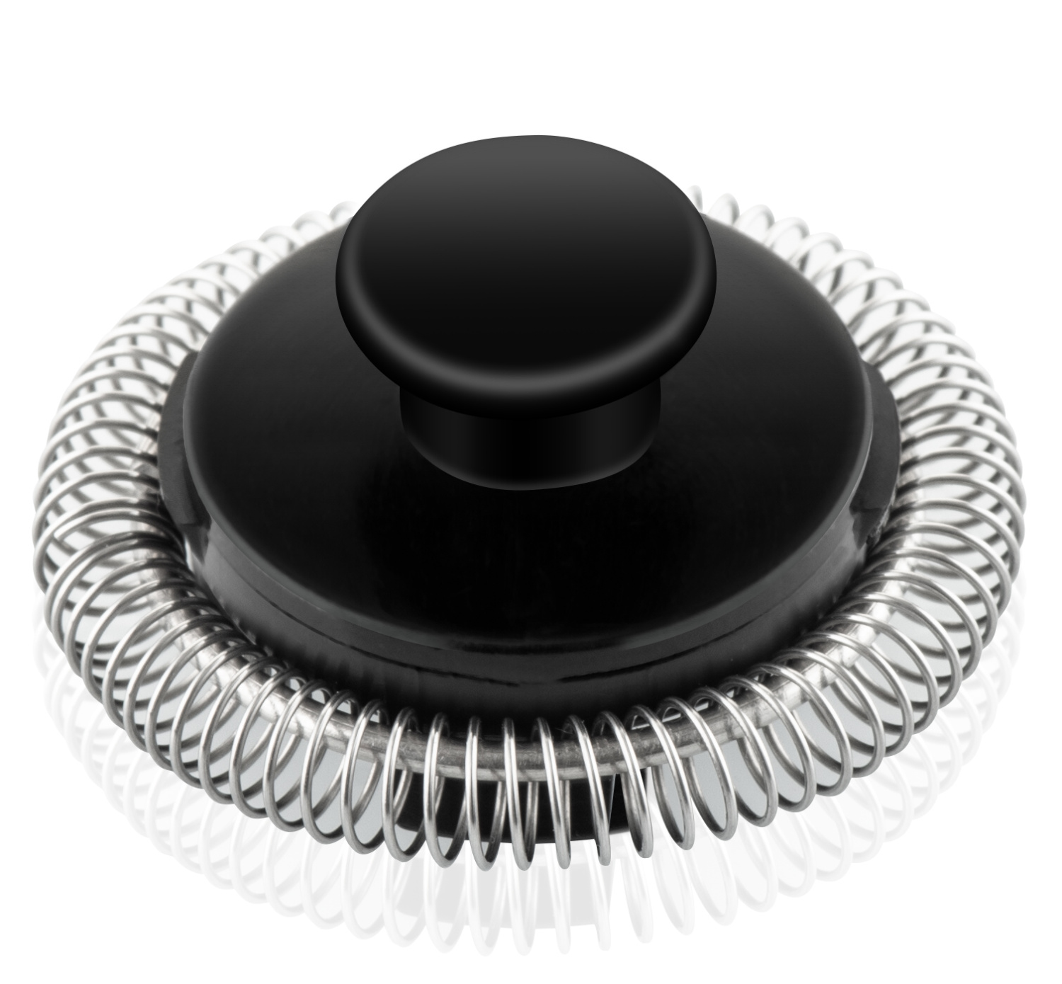 Ein schwarzes Cocktail-Sieb mit einem zentralen schwarzen Knopf und einer silbernen Spirale.