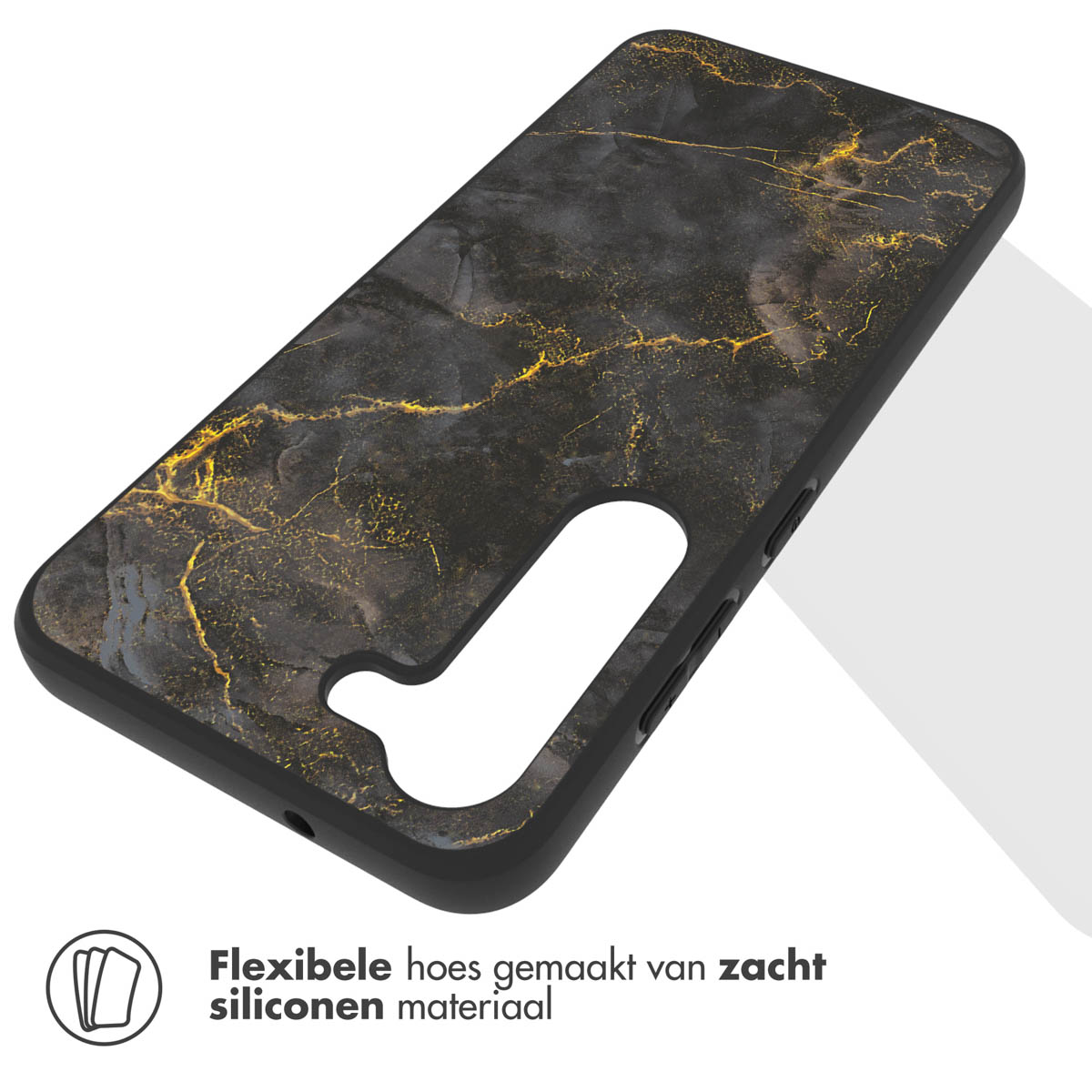 Custodia nera per telefono con design in marmo dorato.