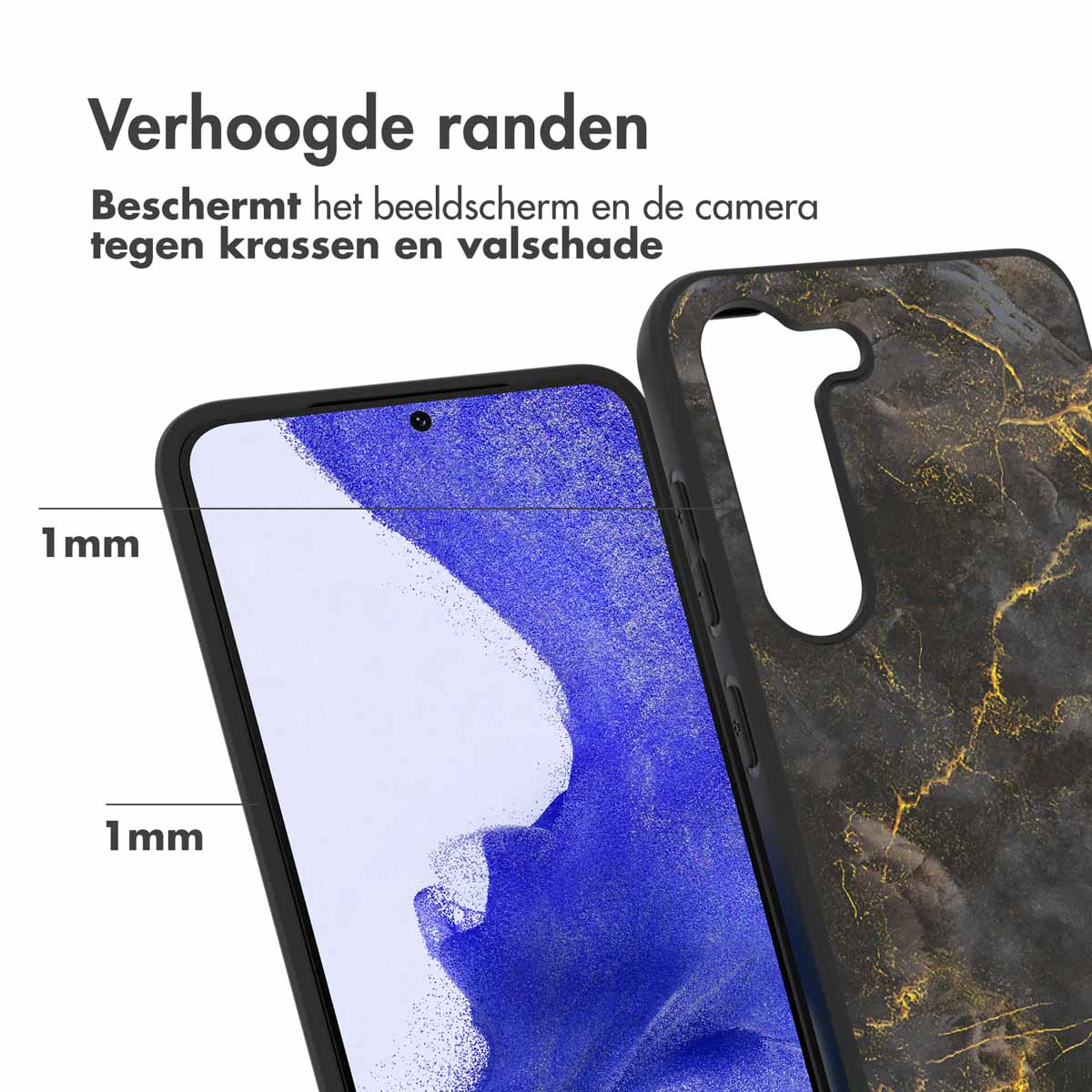 Custodia per smartphone con bordi rialzati. La custodia è nera con design marmoreo.