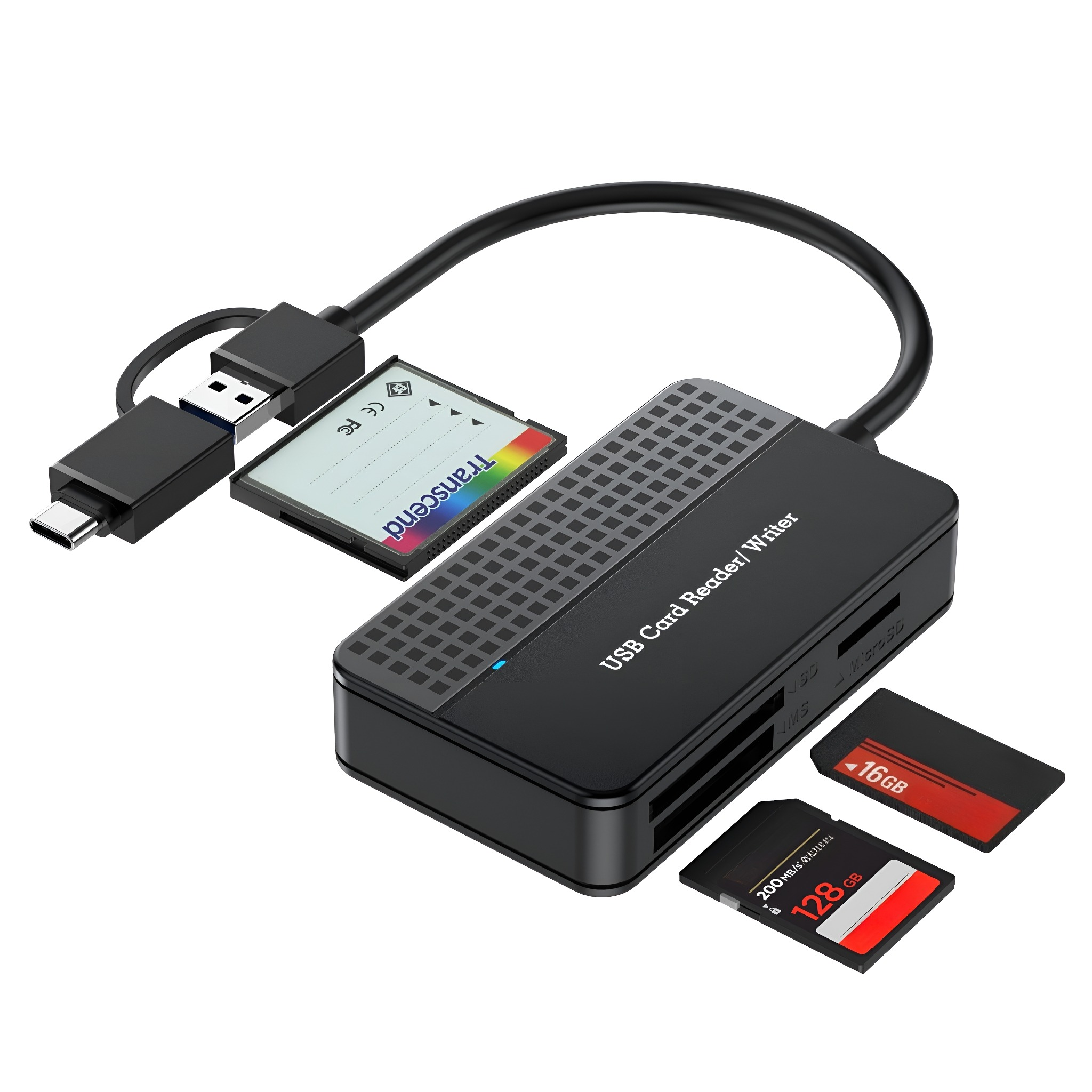 Schwarzer USB-Kartenleser/Schreiber mit SD- und Micro-SD-Steckplätzen, USB- und USB-C-Anschlüssen.
