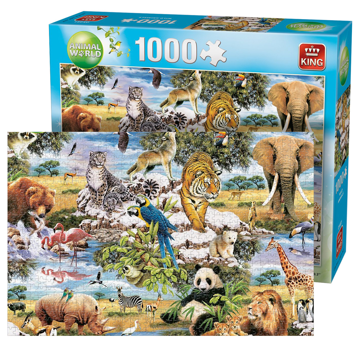 Pudełko z puzzlami ze zdjęciem gotowej układanki przedstawiającym różne zwierzęta w dżungli.