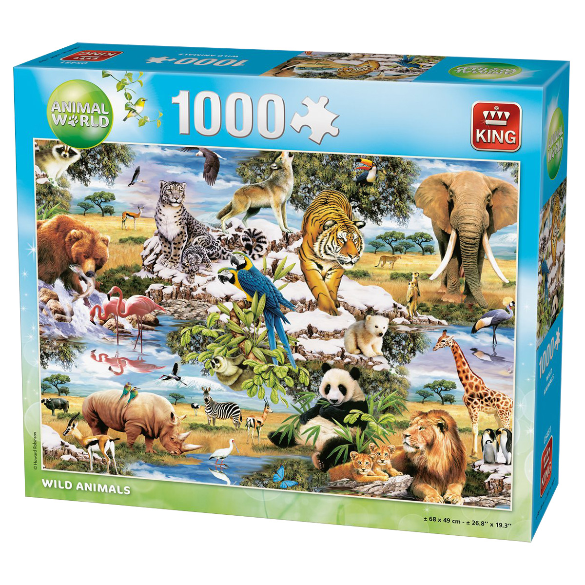 Pudełko z puzzlami ze świata zwierząt, 1000 elementów, przedstawiające różne dzikie zwierzęta.
