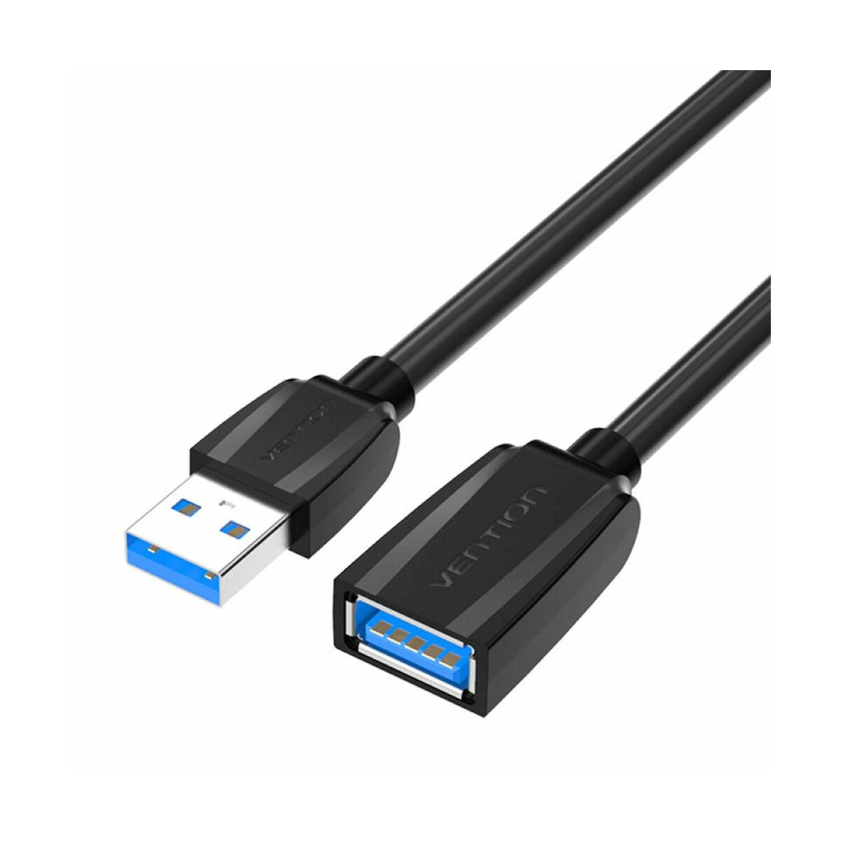 Zwarte USB-verlengkabel met blauwe USB-poorten. 'Vention' staat op een connector gedrukt.