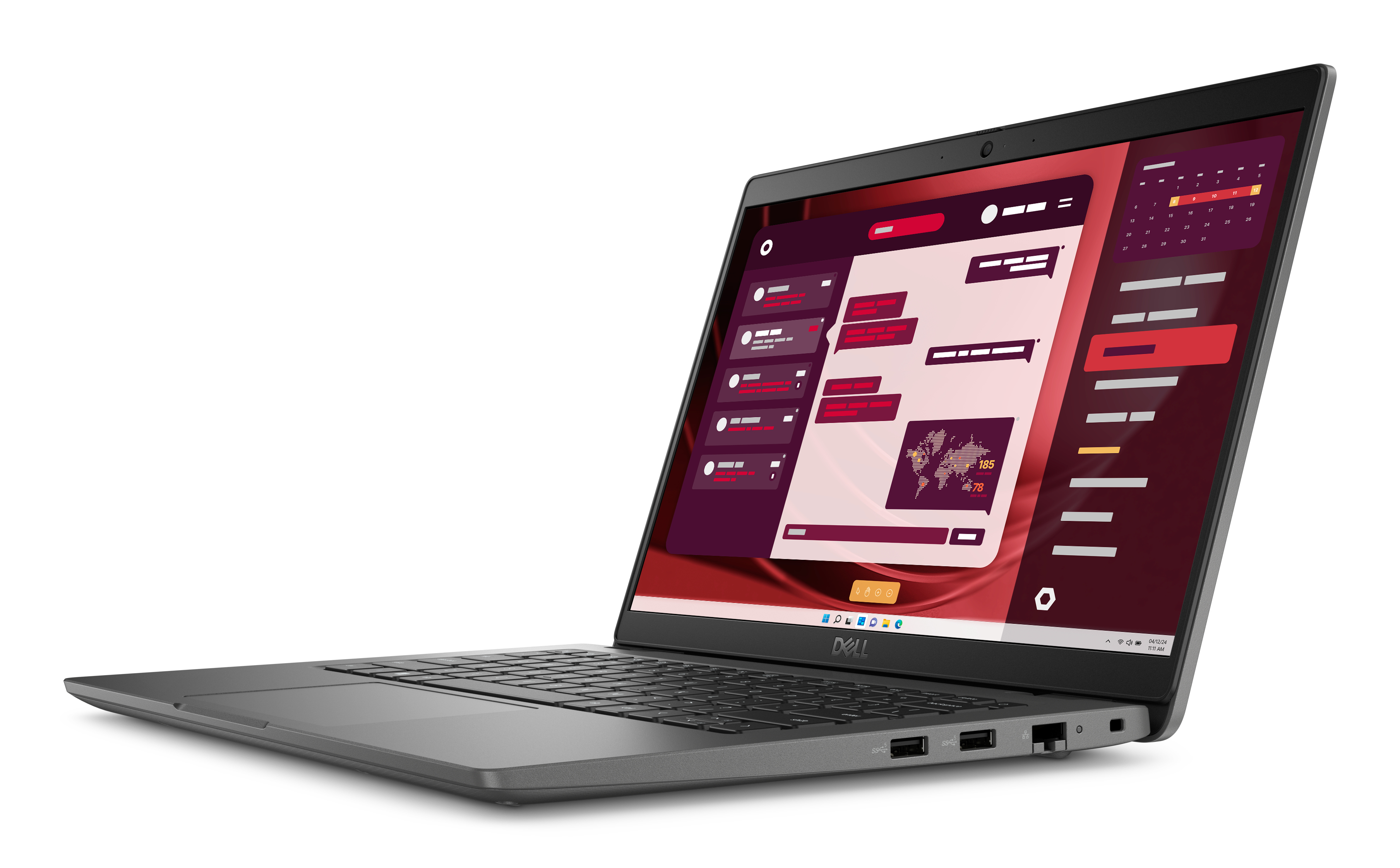 Un laptop grigio con tastiera nera, aperto su uno schermo che mostra un'interfaccia rossa e bianca.