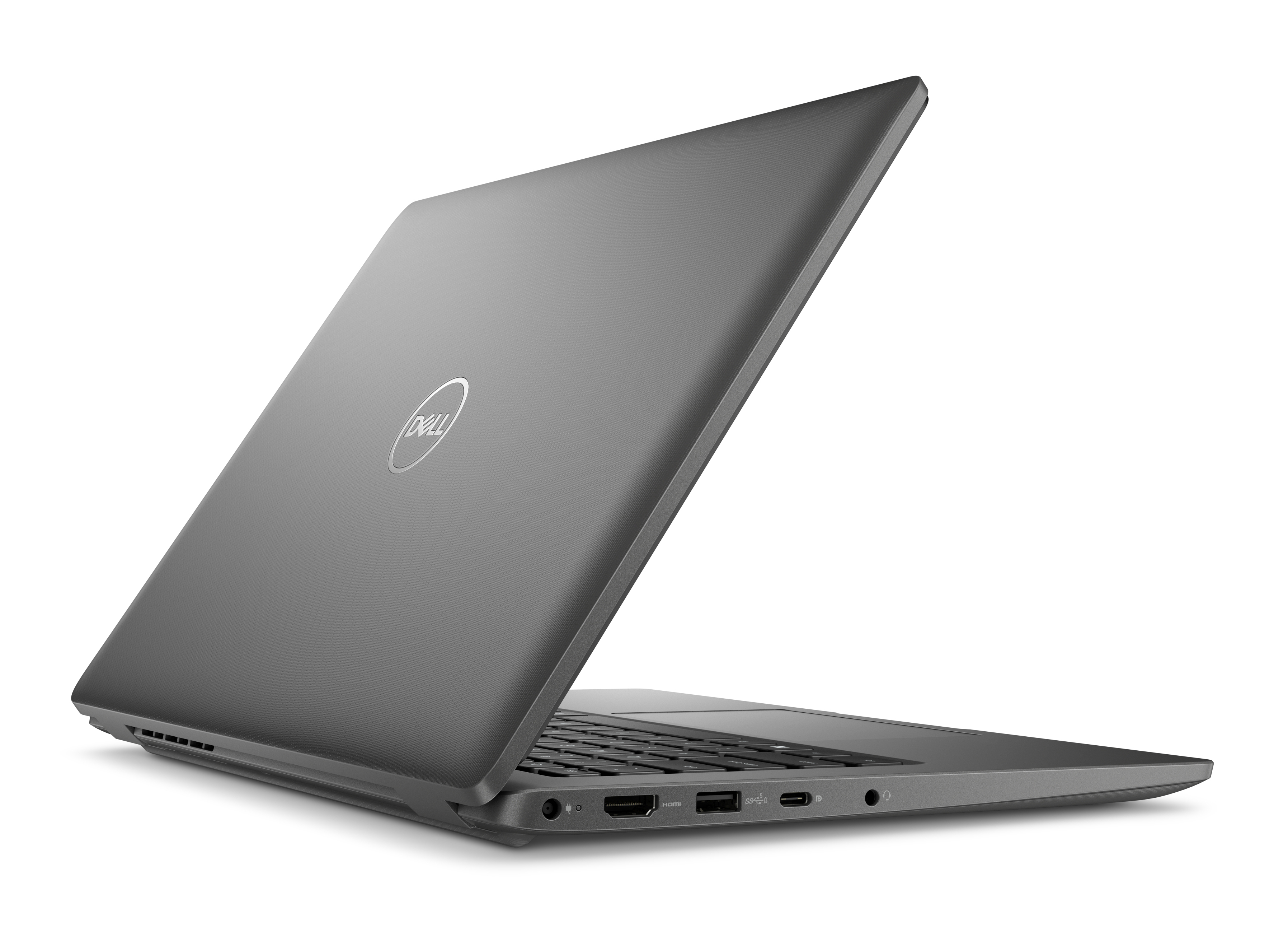 Laptop grigio scuro con coperchio aperto. Il logo Dell è visibile in alto.