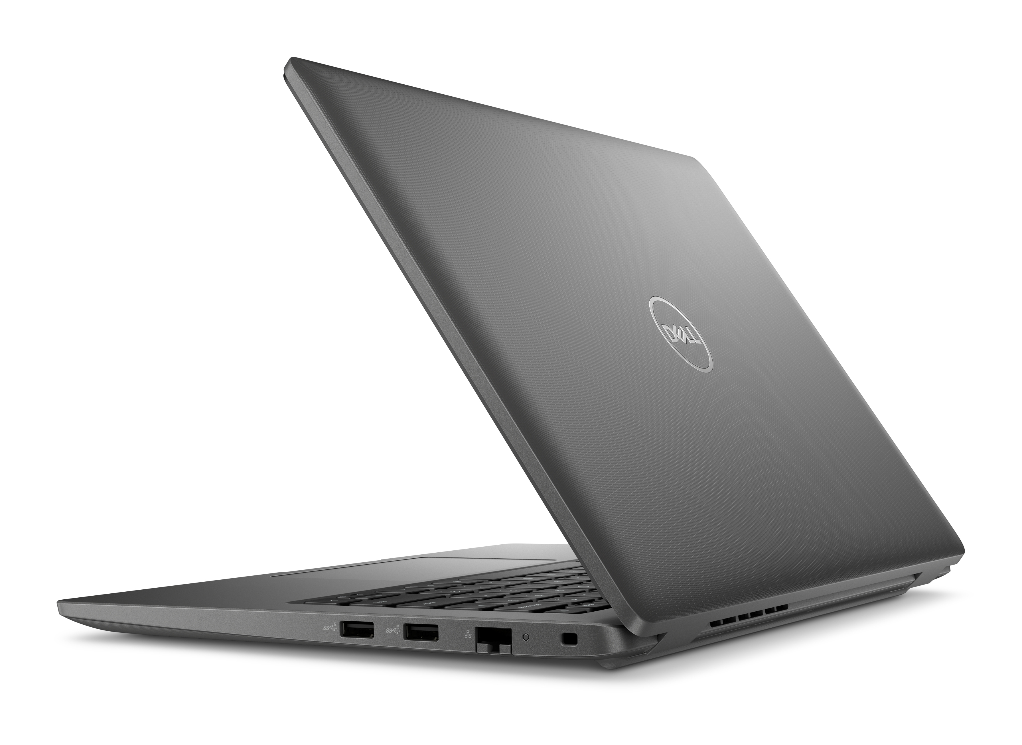 Laptop Dell aperto. Il laptop è grigio con il logo Dell. Lo sfondo è bianco.