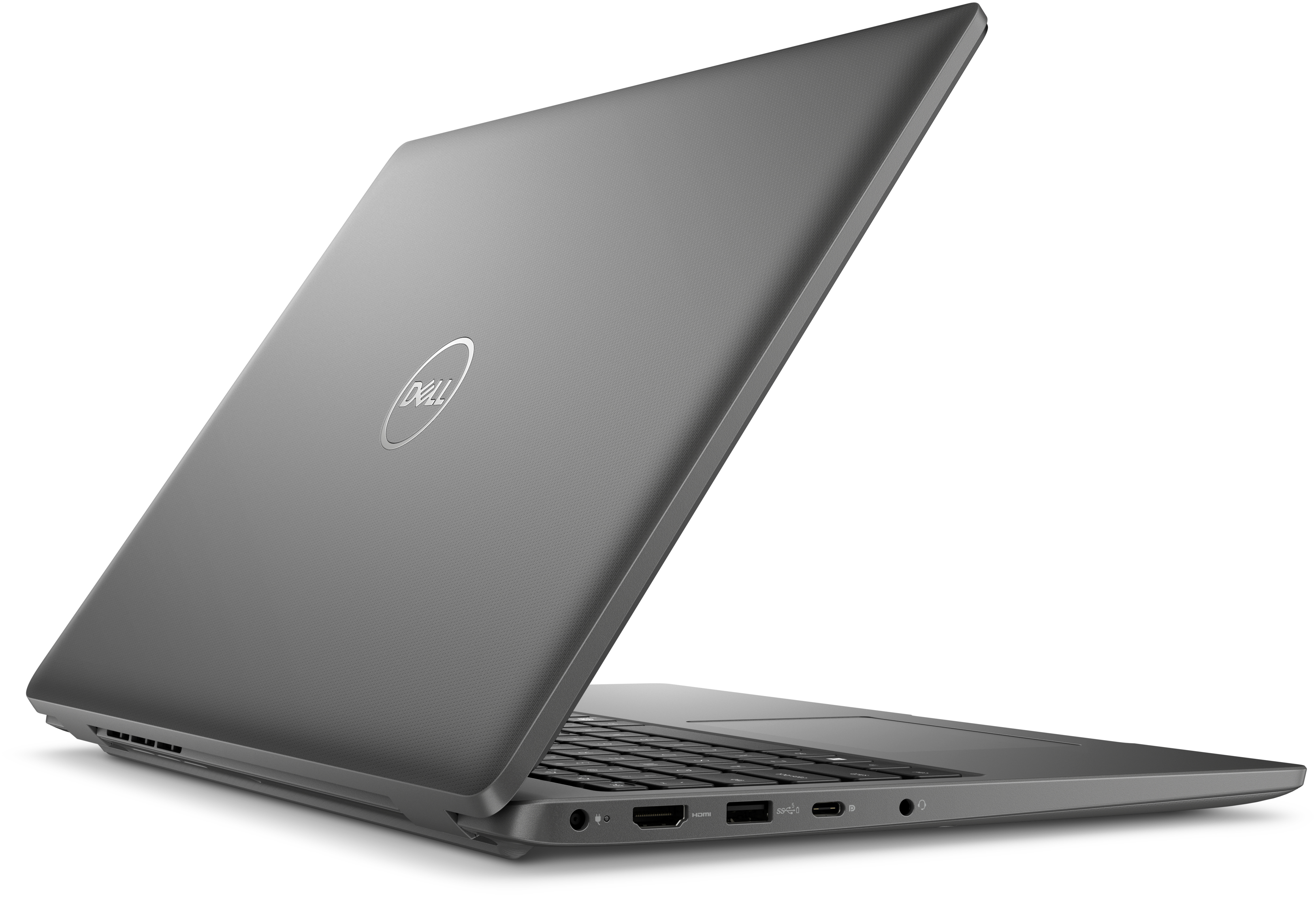 Un laptop grigio è aperto, mostra la tastiera e il logo Dell su sfondo bianco.
