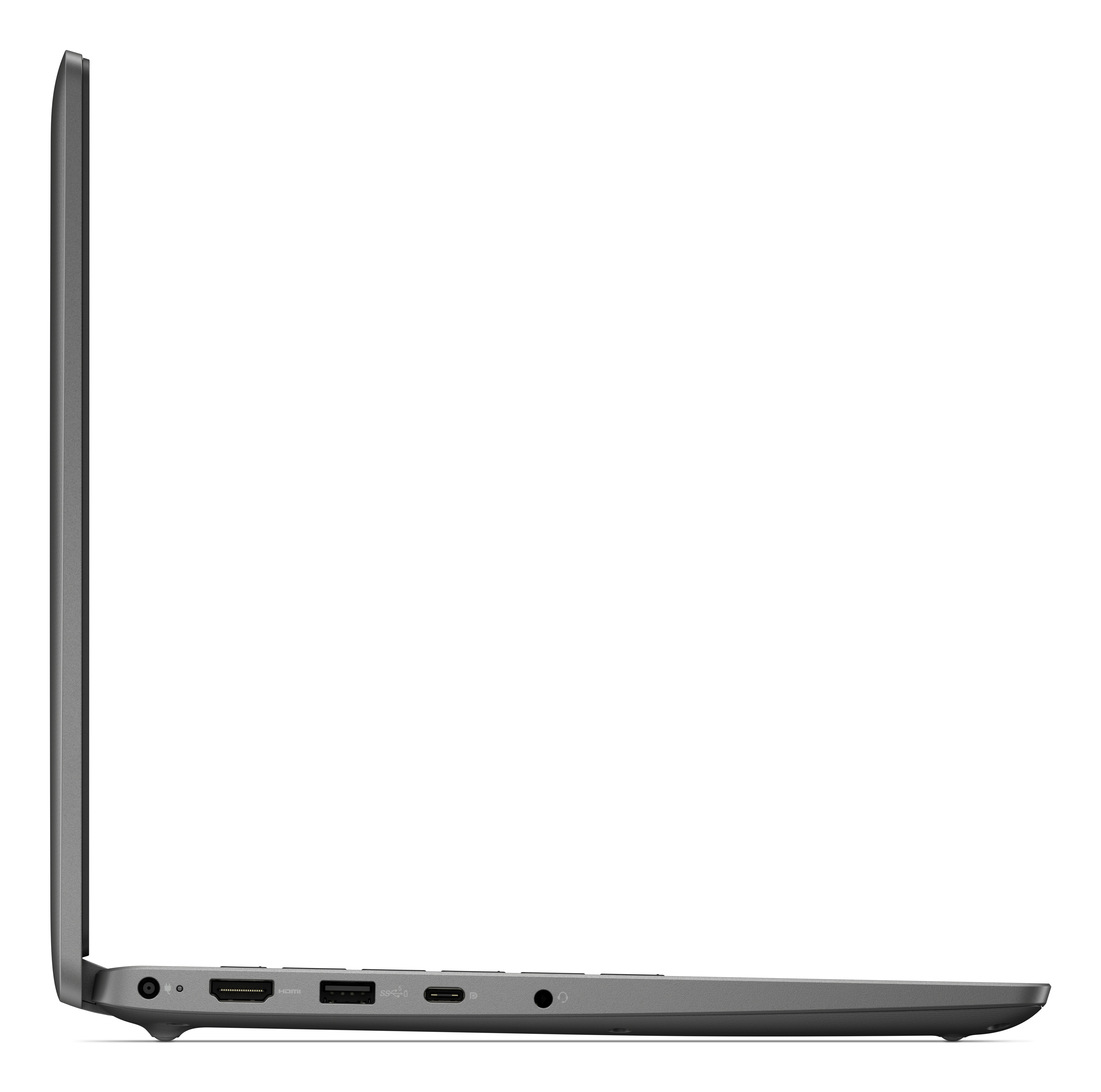 Laptop visto di profilo su superficie bianca, con porte e schermo scuro.