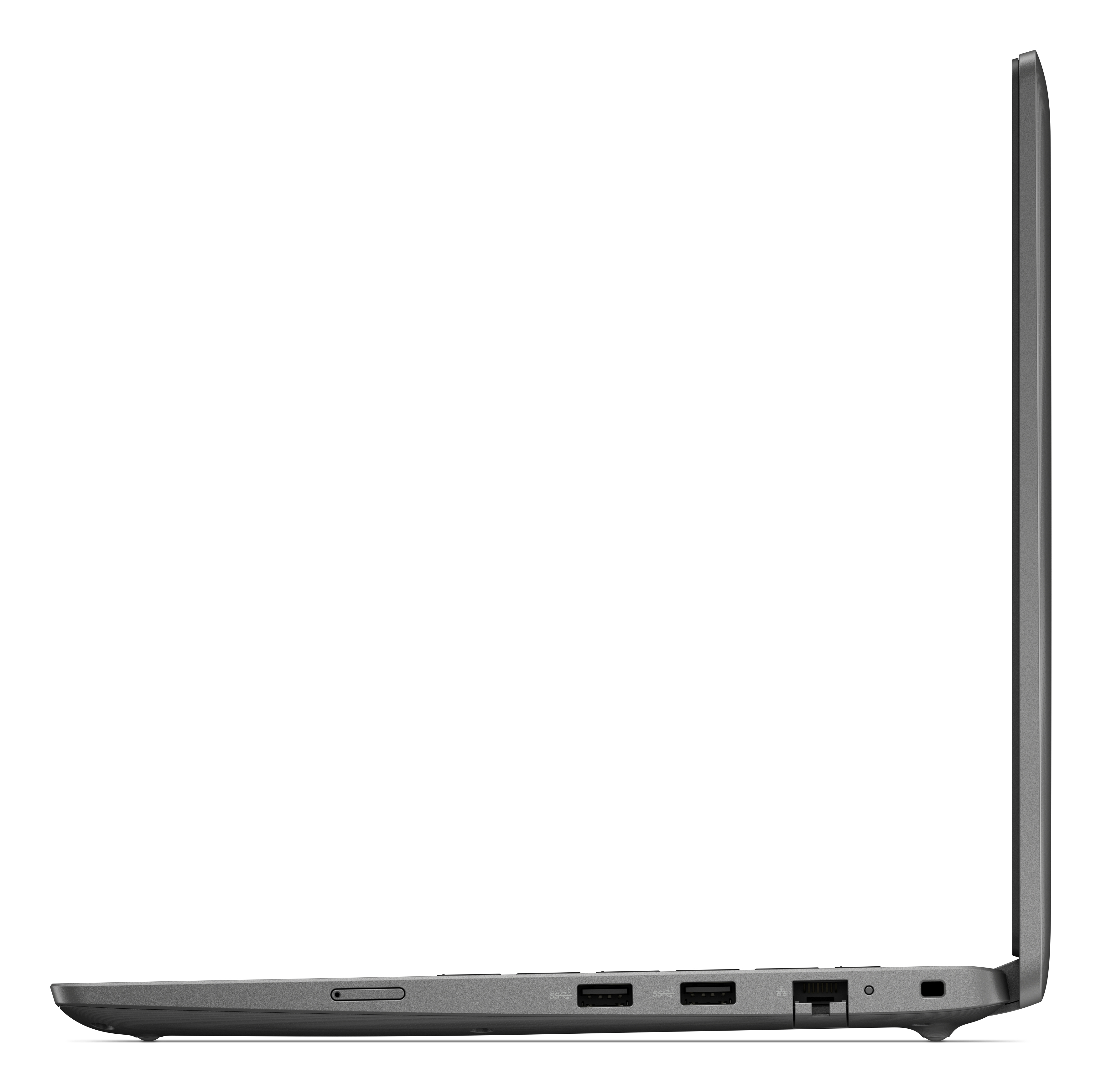 Una vista laterale di un laptop. È grigio con porte sul lato. È posizionato su una superficie bianca.