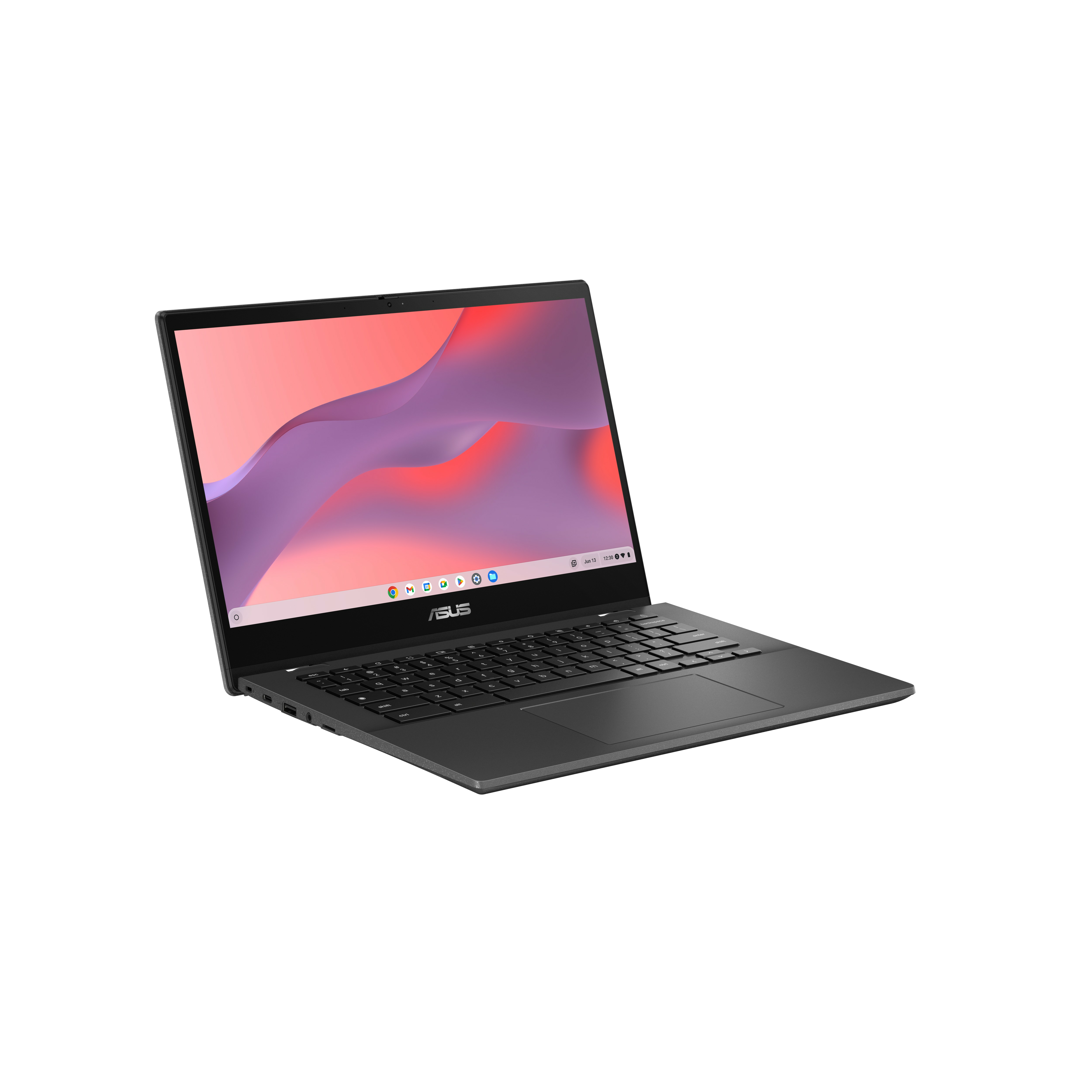 Un laptop Asus nero con sfondo schermo rosa-viola.