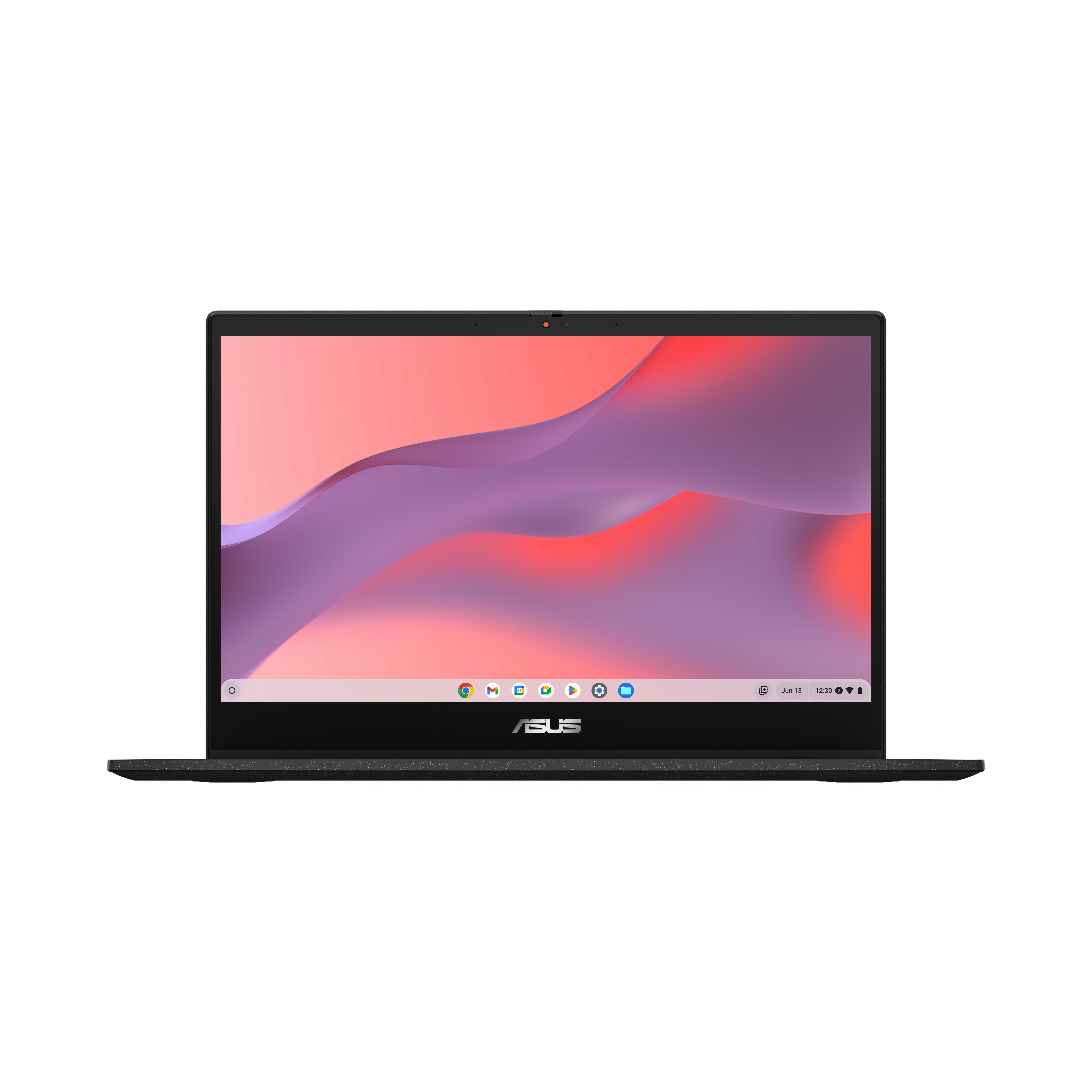 Un laptop nero con cornice nera, lo schermo è acceso. Il logo ASUS è visibile.
