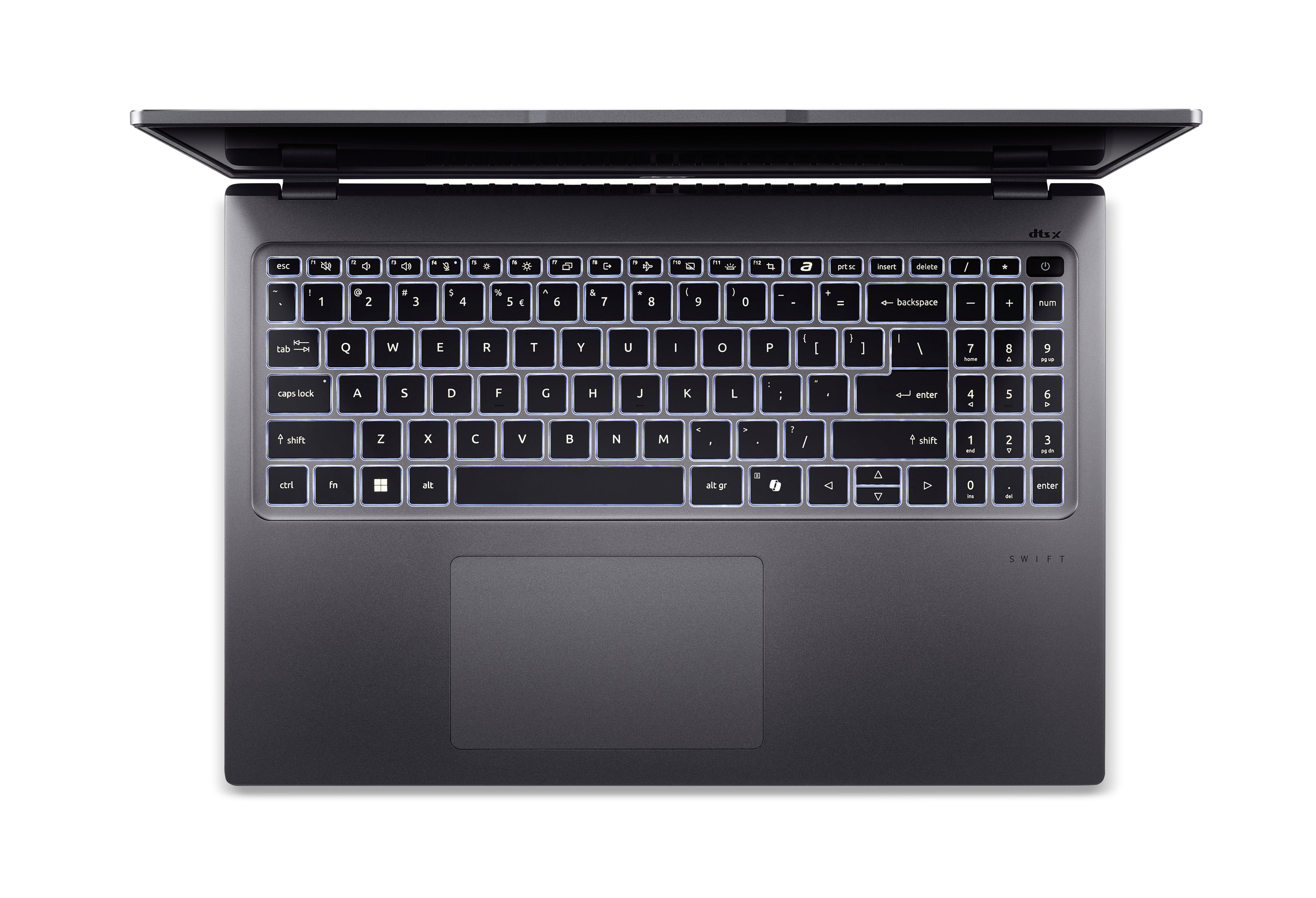 Laptop z góry, z podświetloną klawiaturą i otwartym ekranem na białym tle.