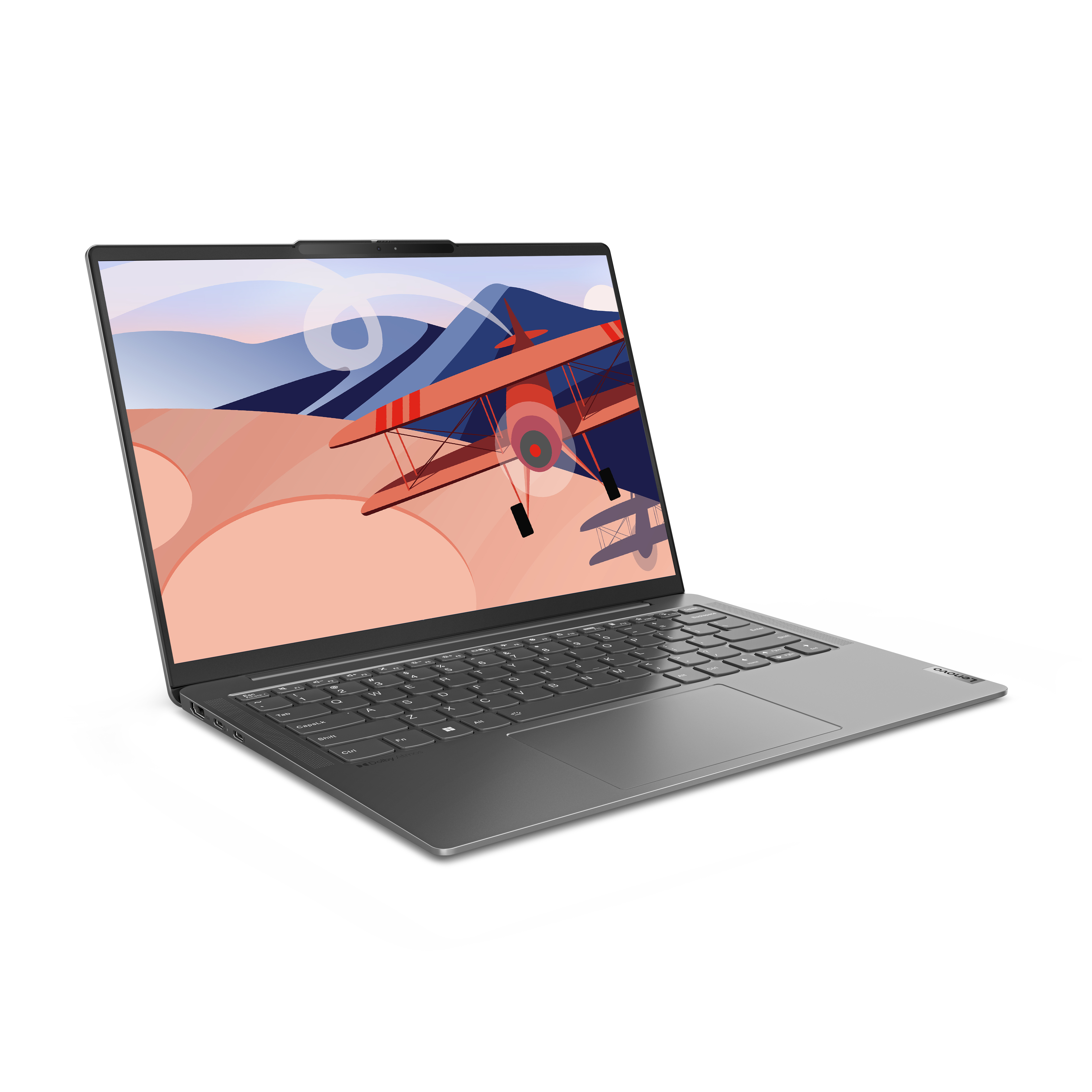 Laptop argentato con grafica di aereo sullo schermo. Sfondo bianco.
