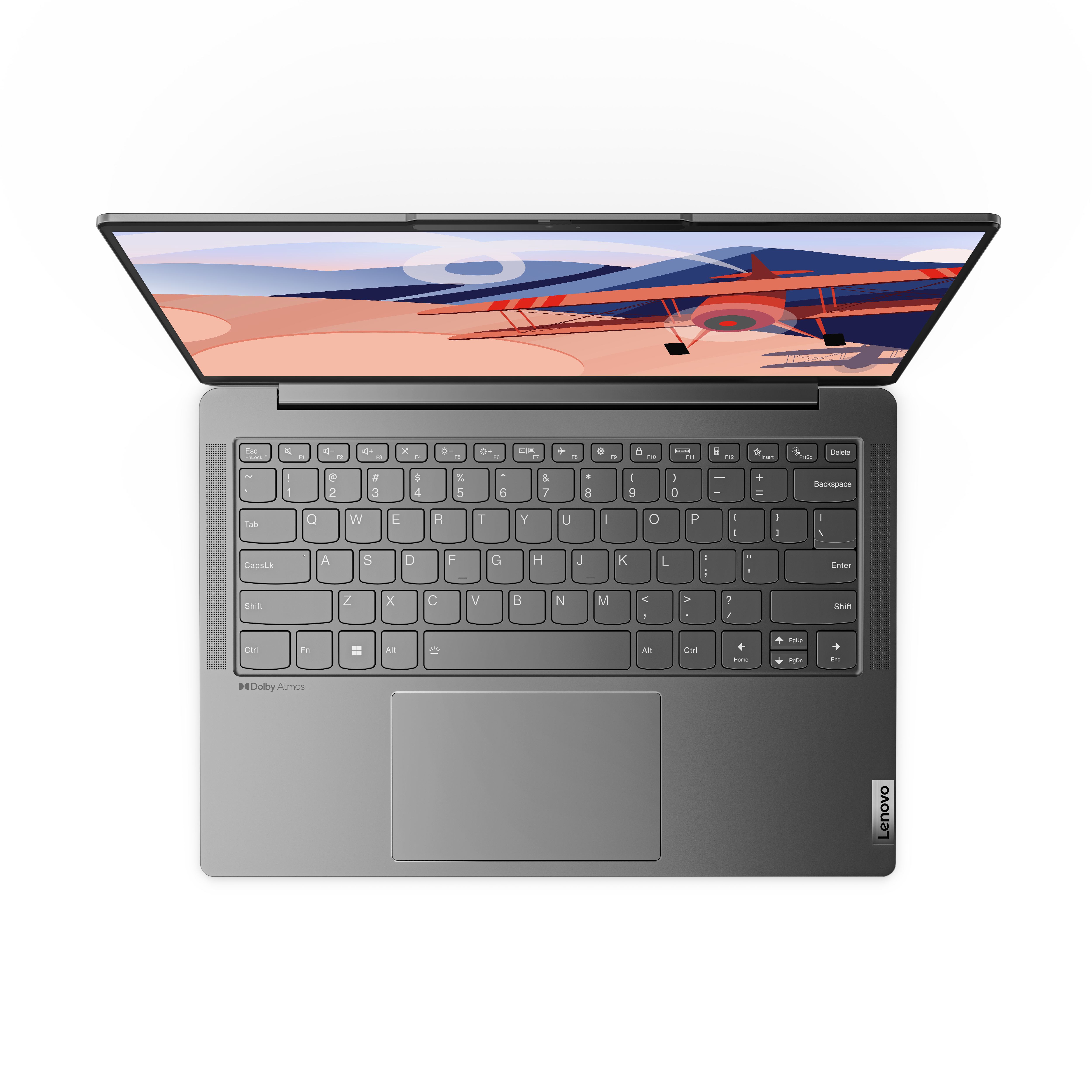Laptop Lenovo argento aperto, tastiera visibile, schermo che mostra un'immagine astratta con rosso e blu.