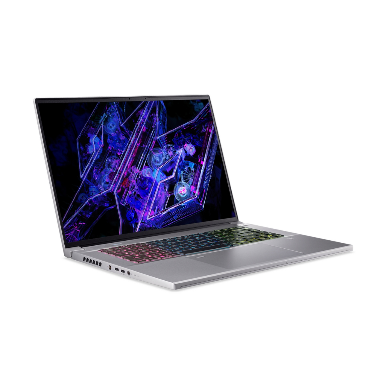 Un laptop argentato con tastiera e schermo con design geometrico colorato.