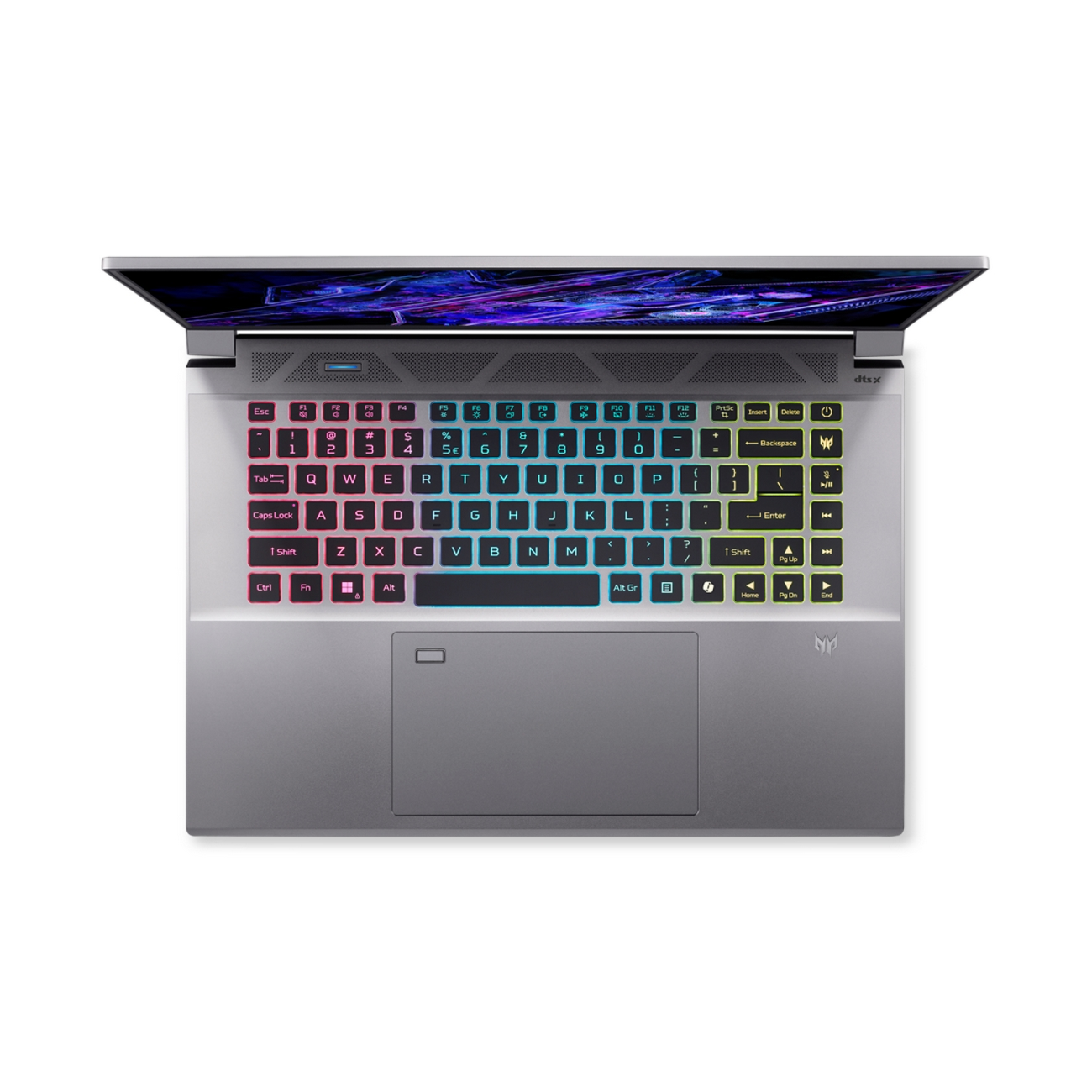 Un laptop dall'alto, con tastiera e schermo. La tastiera ha l'illuminazione RGB.