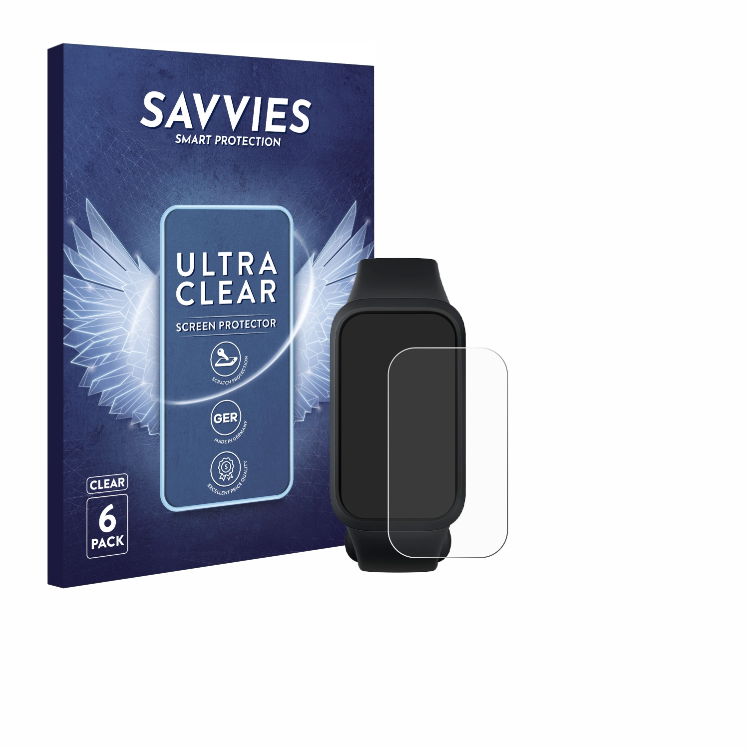 Displayschutzfolienbox und -schutz mit Smartwatch-Grafik auf Weiß. Text: SAVVIES.