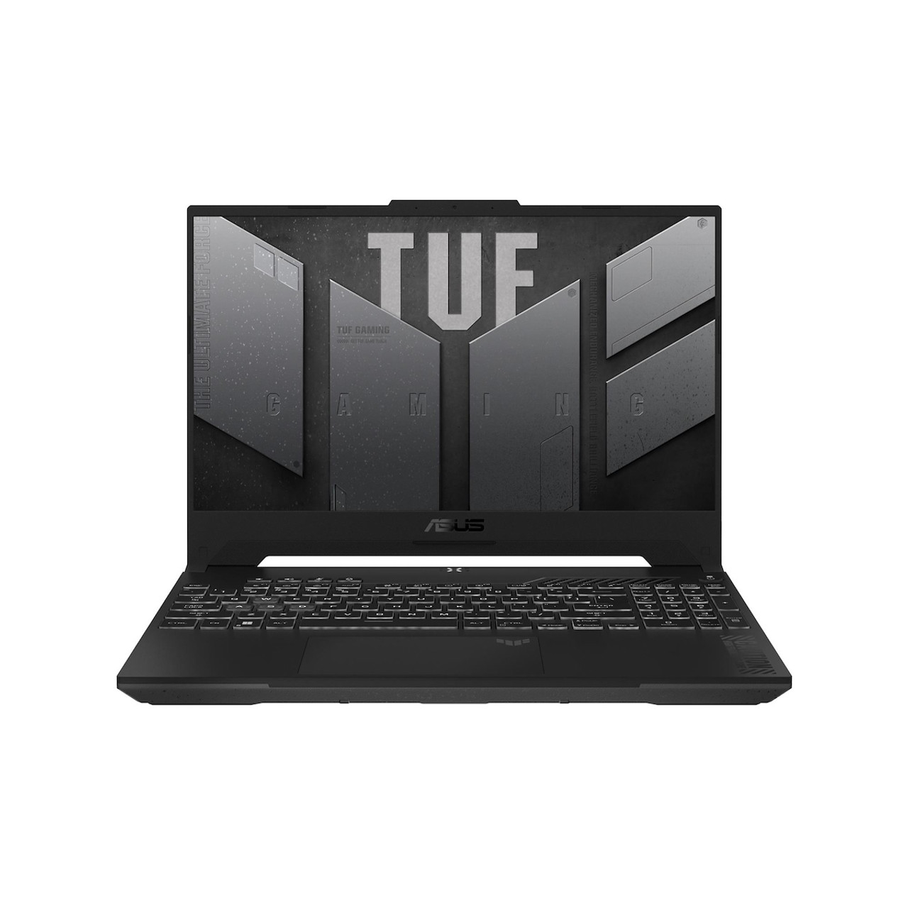 Laptop nero con schermo aperto su sfondo bianco.