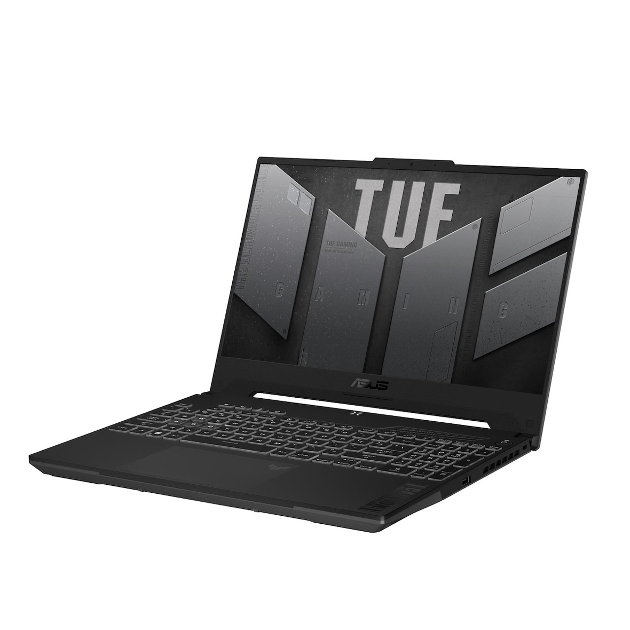 Laptop ASUS nero, aperto, con schermo e tastiera chiari, illuminato, su sfondo bianco.