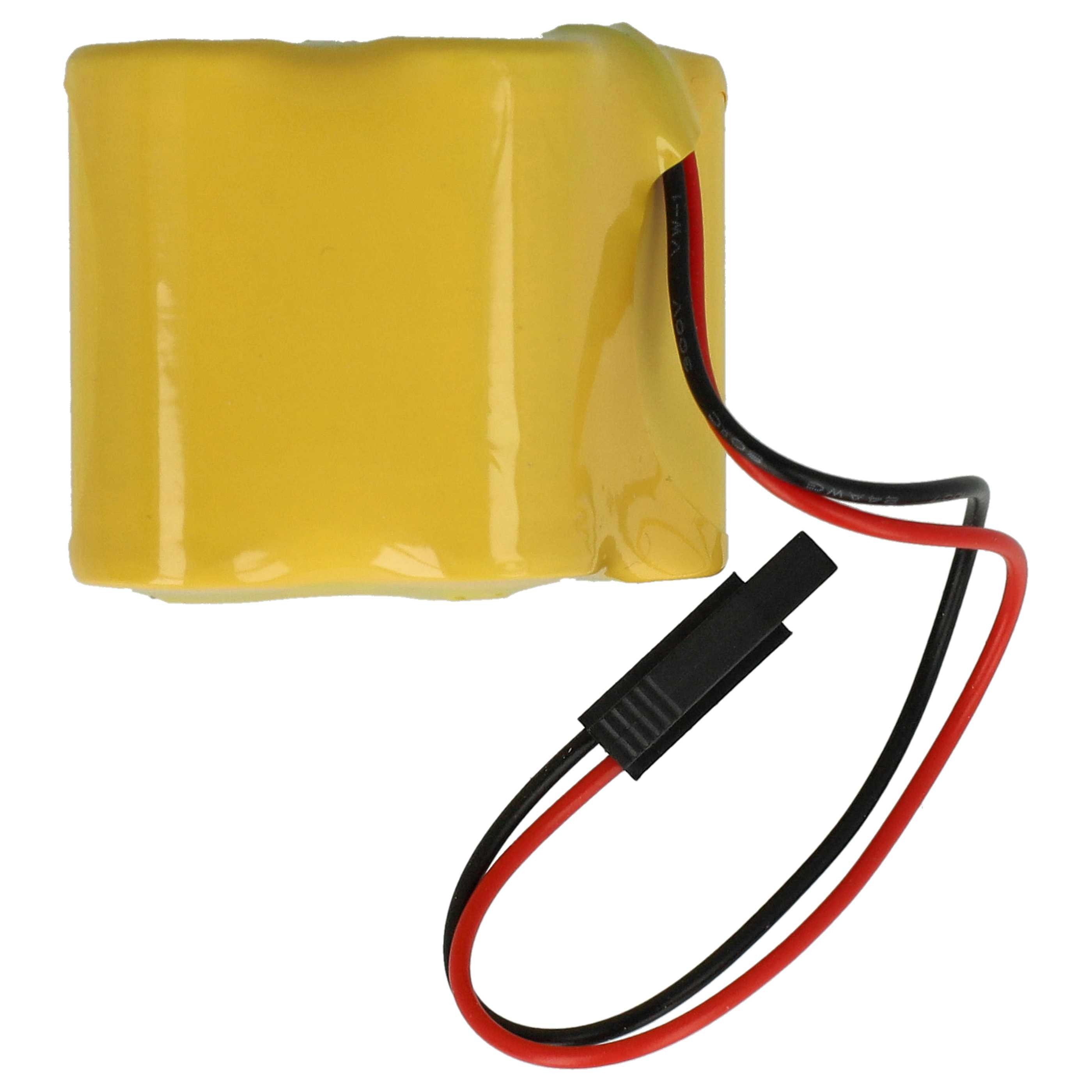 Eine gelbe Batterie mit roten und schwarzen Drähten, die an einen Stecker angeschlossen sind.