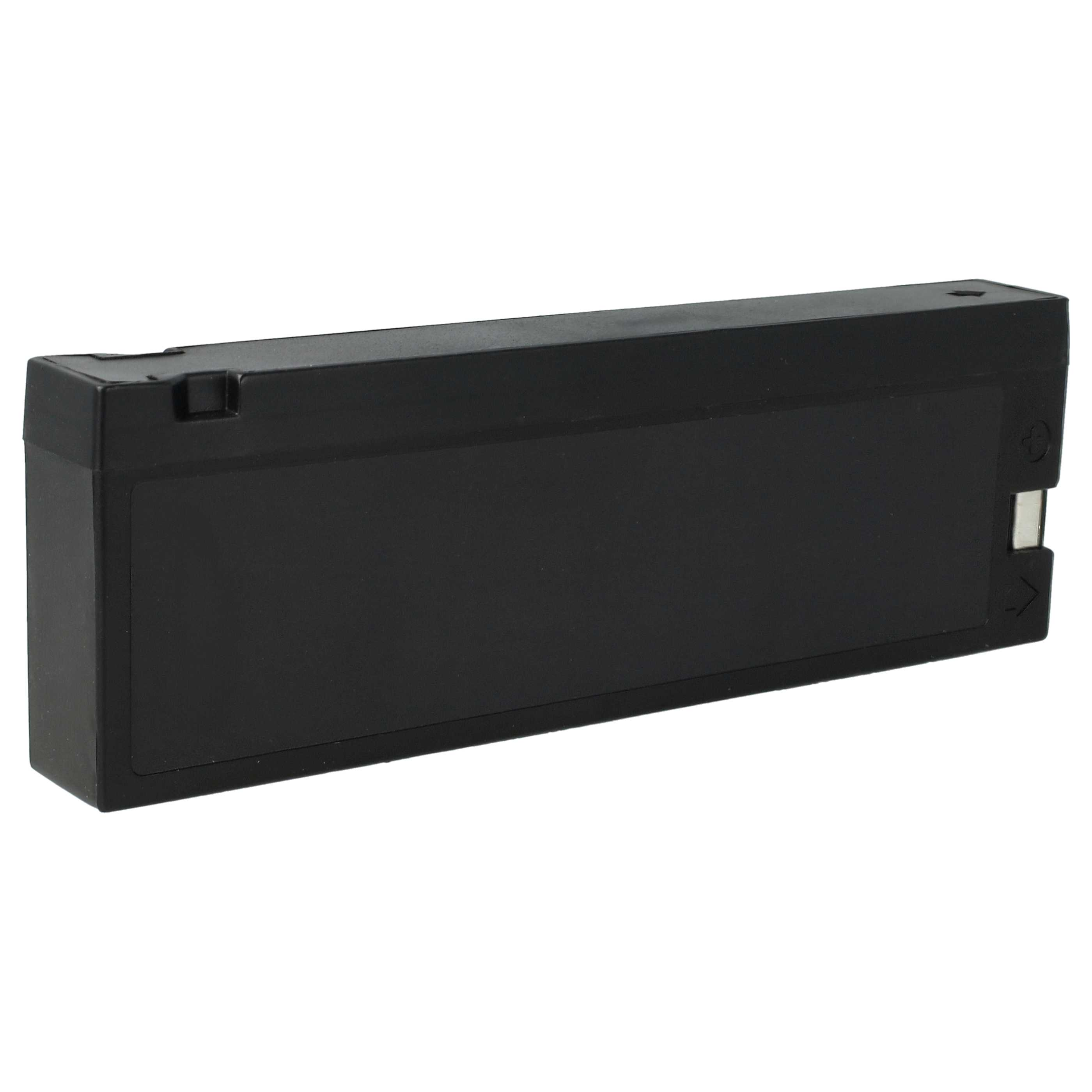 Eine schwarze rechteckige Batterie mit einem rechteckigen Stecker rechts.