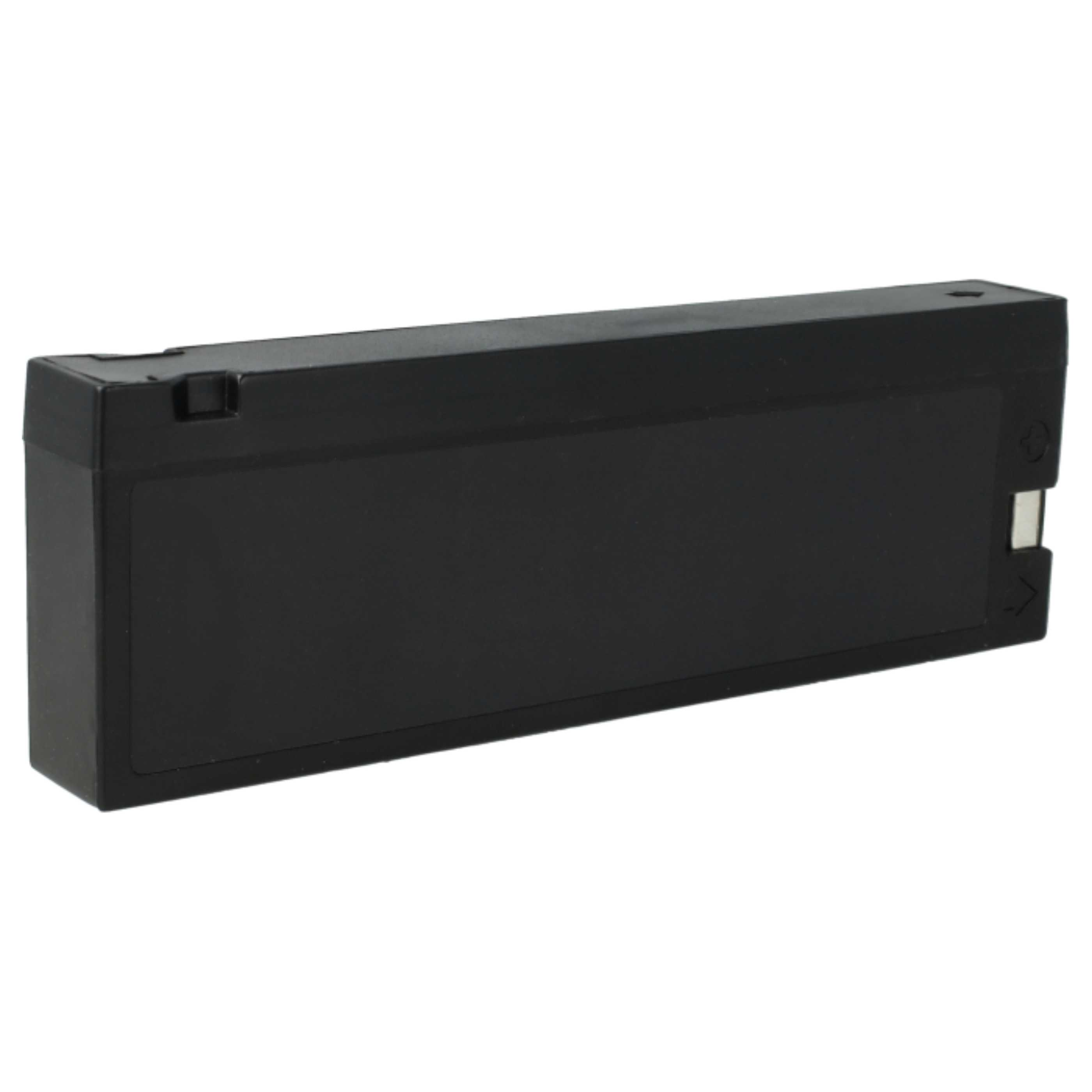 Eine schwarze rechteckige Batterie mit weißem Etikett und zwei Metallanschlüssen.