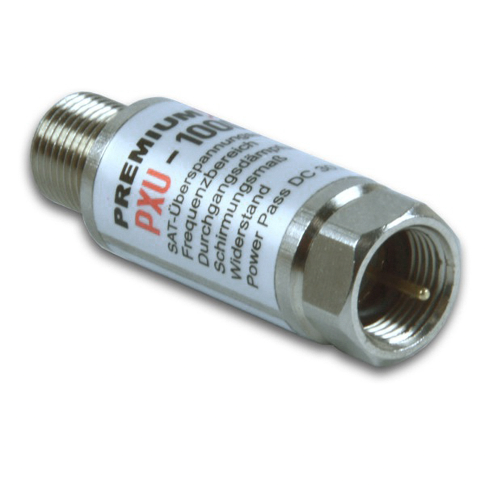 Silberner Metallverbinder mit Text und einem Einschraubende. Weißer Hintergrund.