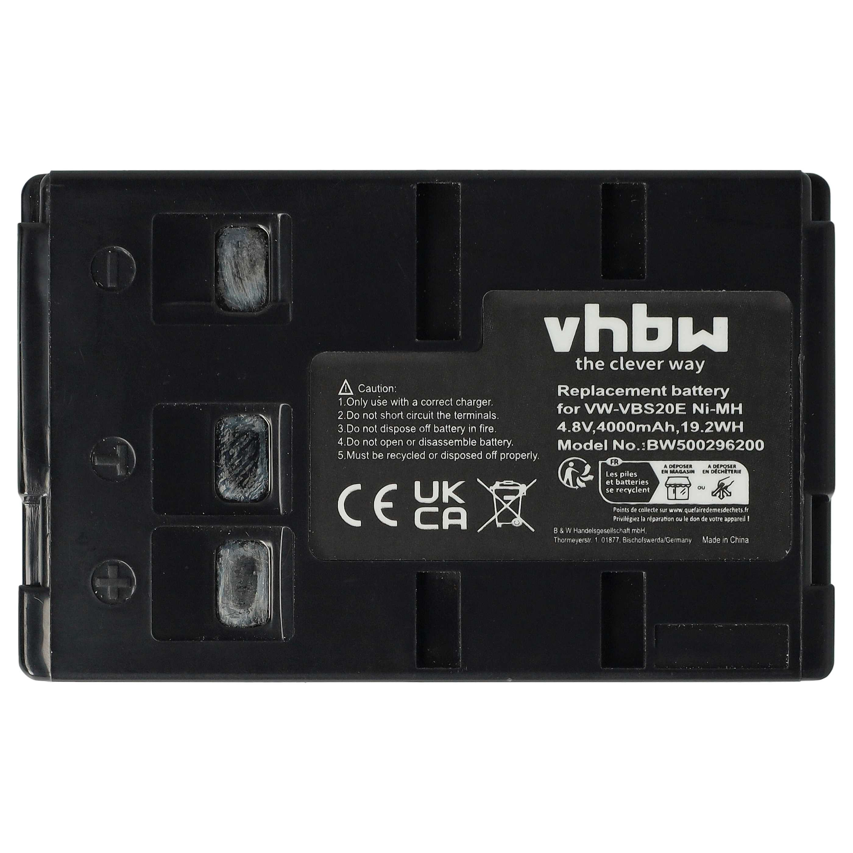 Ein schwarzer Ersatzakku mit der Aufschrift vhbw, mit Warnhinweisen und Recyclinginformationen.