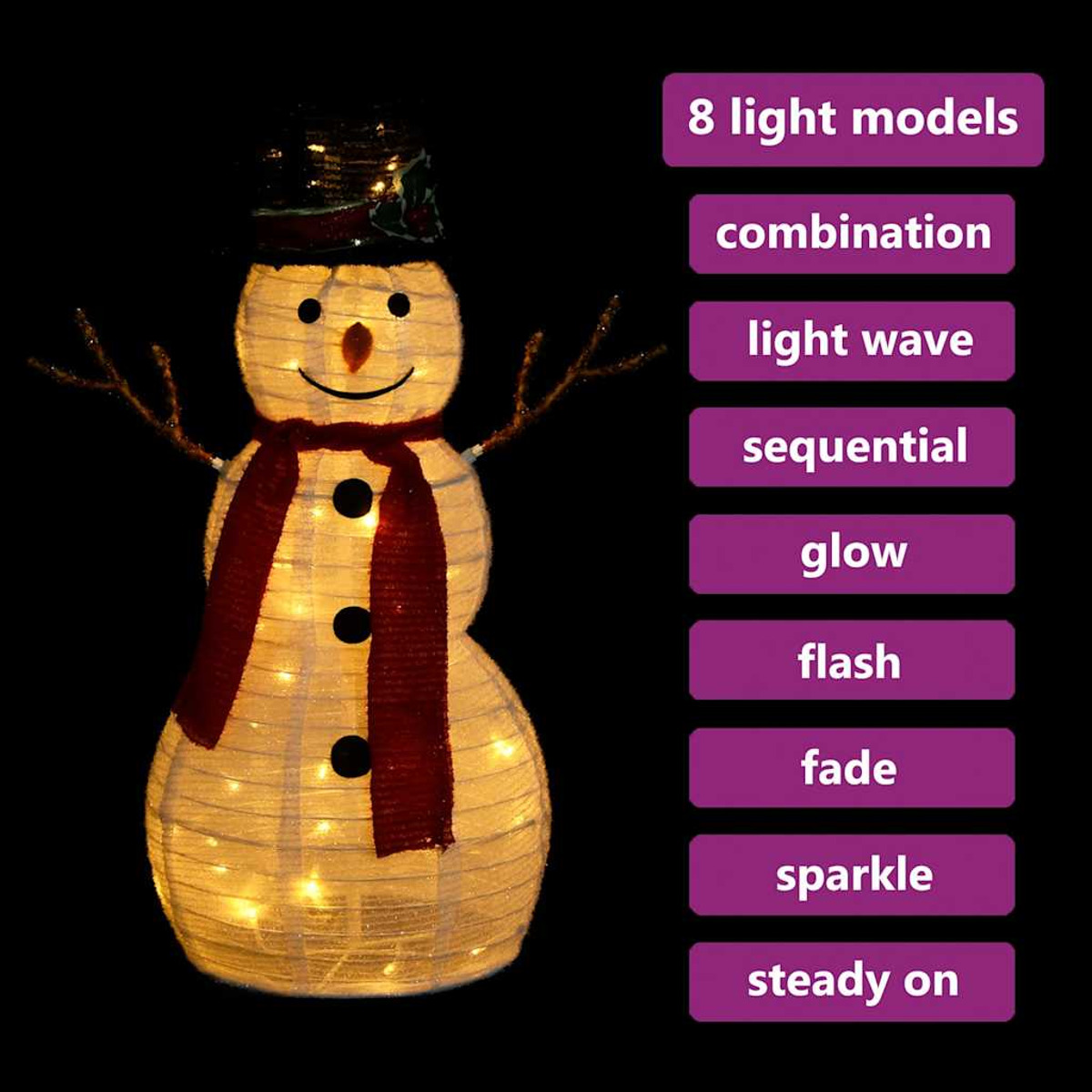 Schneemann mit Lichtern und Text, der 8 Lichtmodelle zeigt: Kombination, Lichtwelle, sequenziell usw.