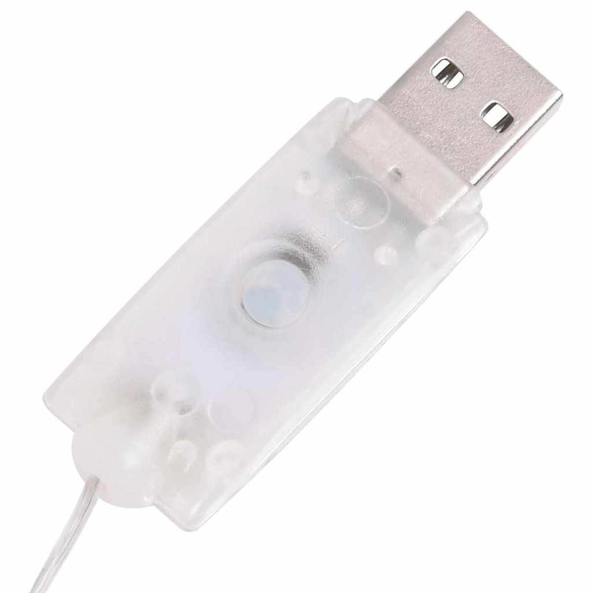 Ein transparenter USB-Anschluss mit einem weißen Draht, vor weißem Hintergrund dargestellt.