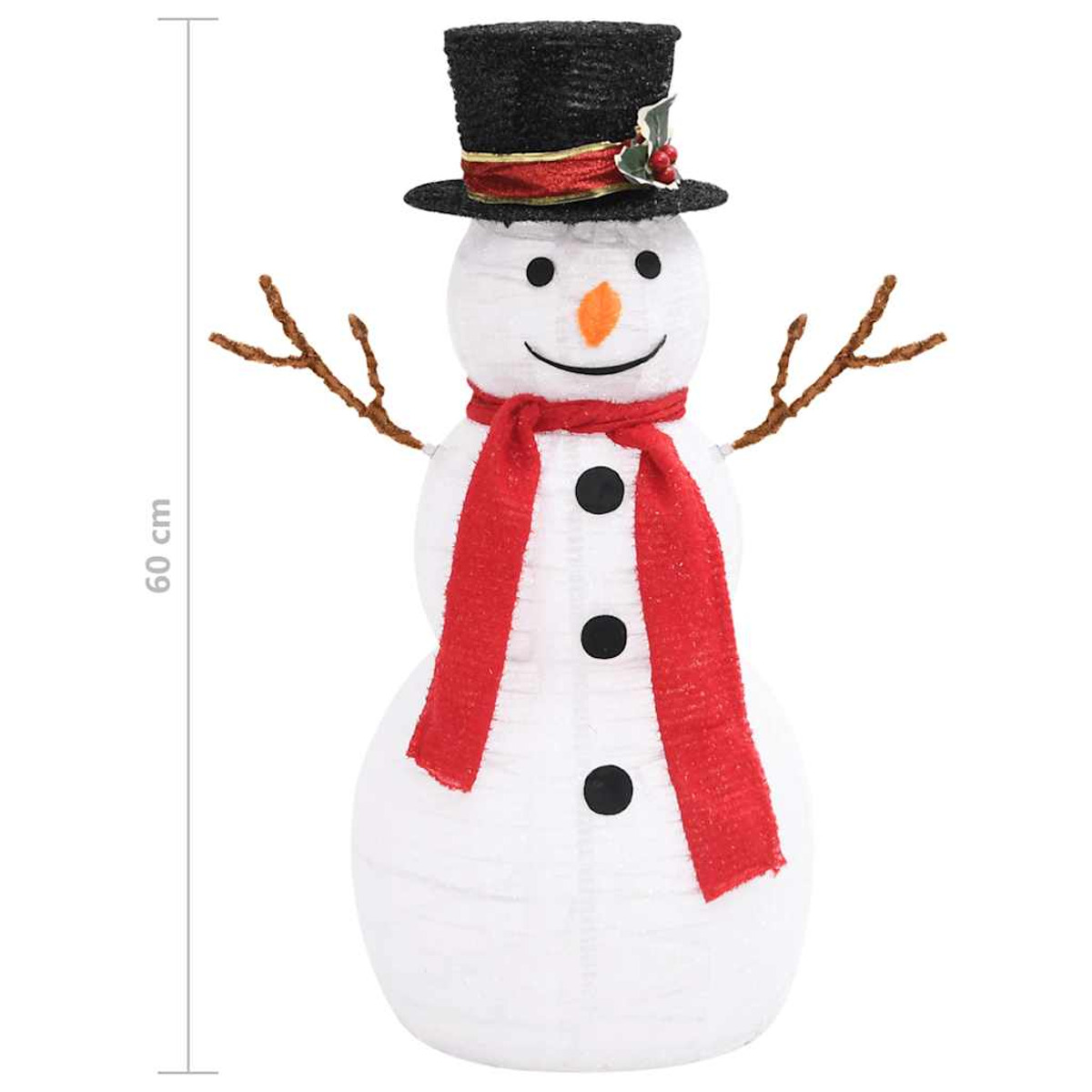 Ein Schneemann mit schwarzem Hut, rotem Schal und Stockarmen. Er hat eine Höhenangabe von 60 cm.