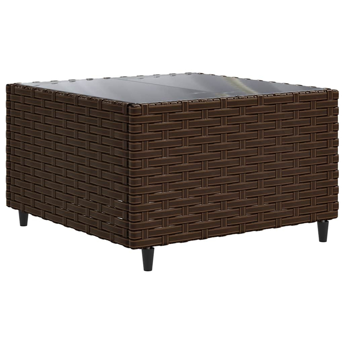 Ein brauner quadratischer Couchtisch im Korbstil mit schwarzen Beinen und einer Glasplatte.