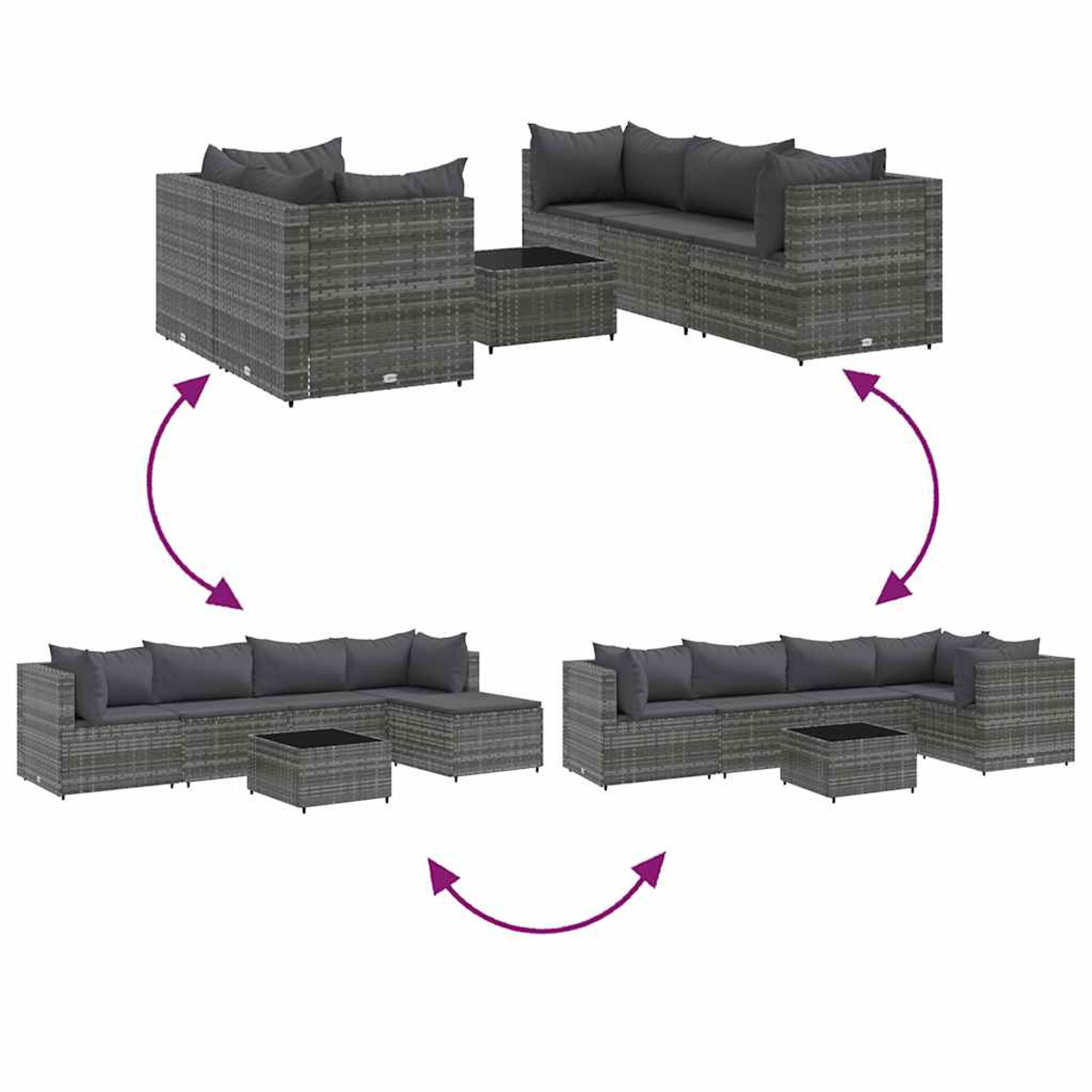 Set divano modulare in rattan grigio. Varie configurazioni mostrate con tavolo nero.