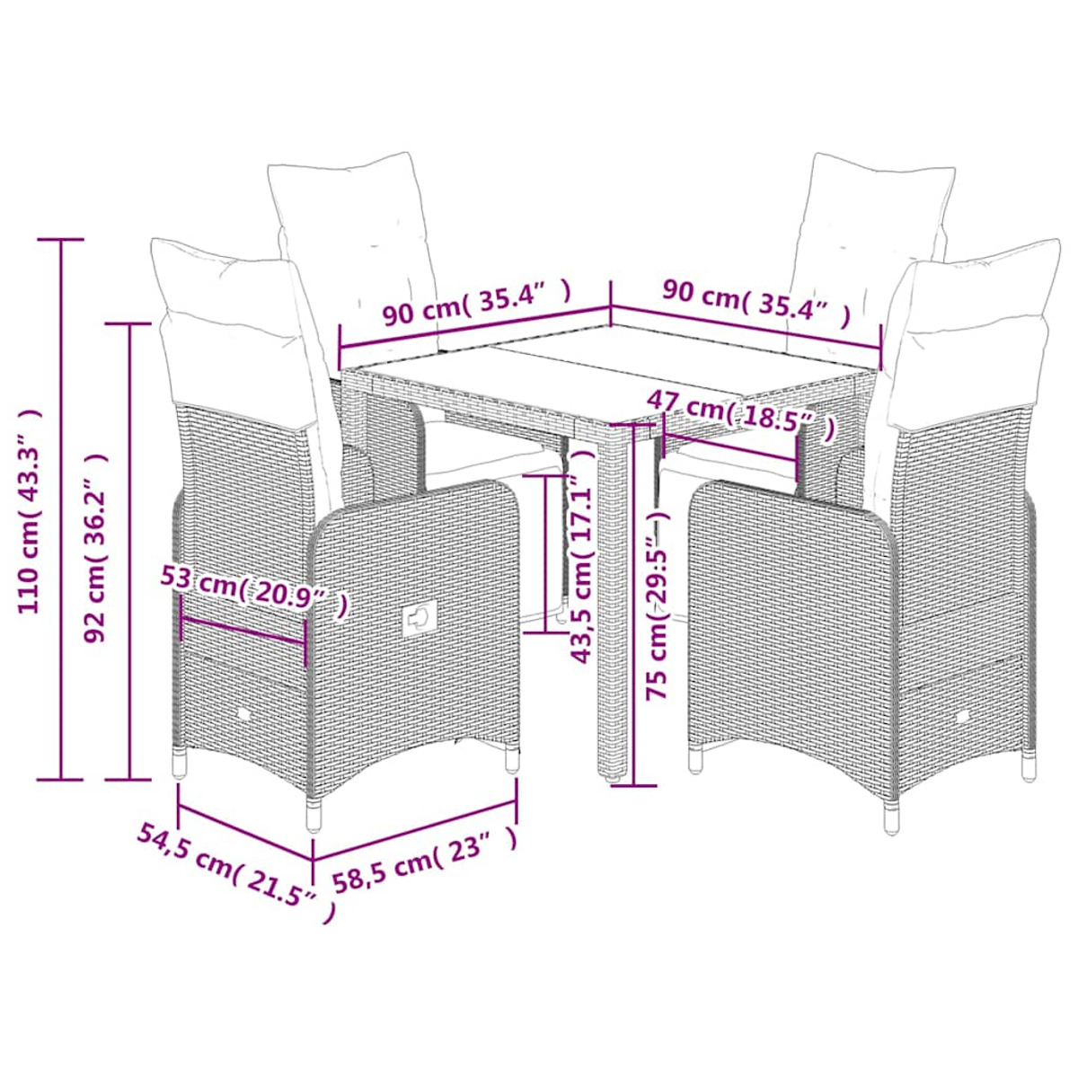 Set da pranzo per esterni con un tavolo e quattro sedie, tutti con dimensioni in centimetri.