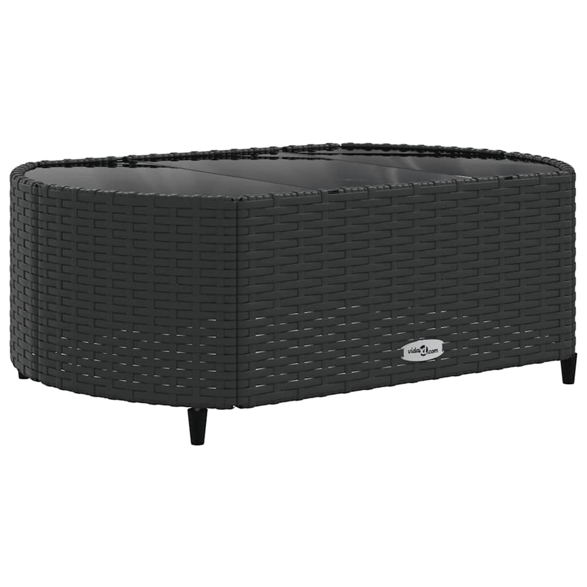 Tavolo ovale nero con piano in vetro e base intrecciata. Sfondo bianco.