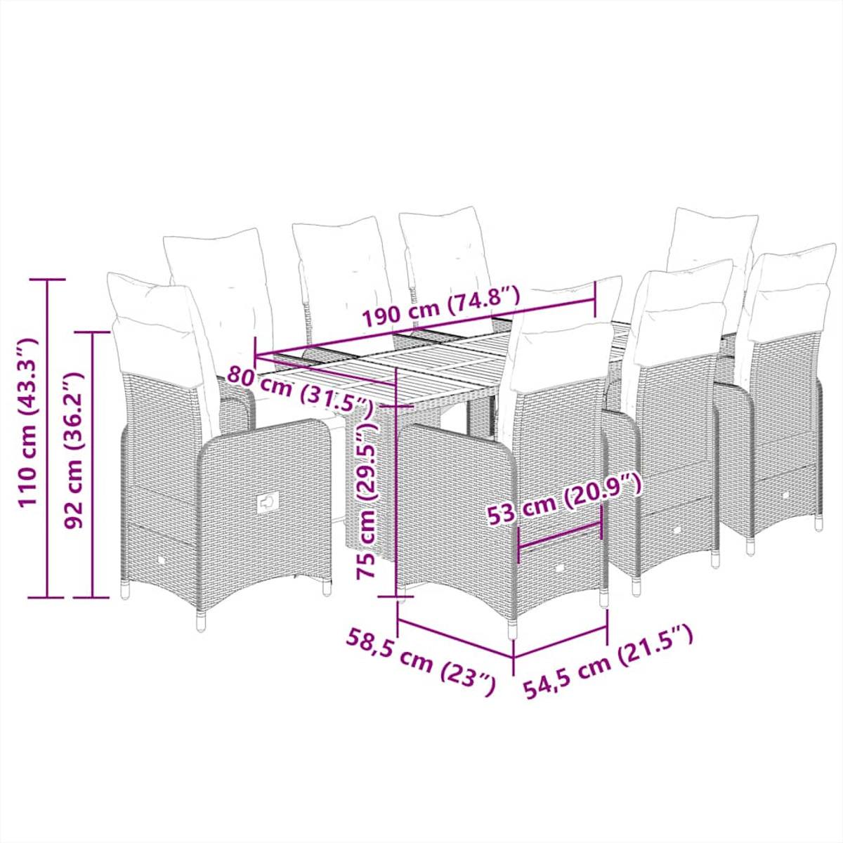 Un grande set da pranzo rettangolare da esterno con dimensioni. Il set è realizzato in materiale tessuto.