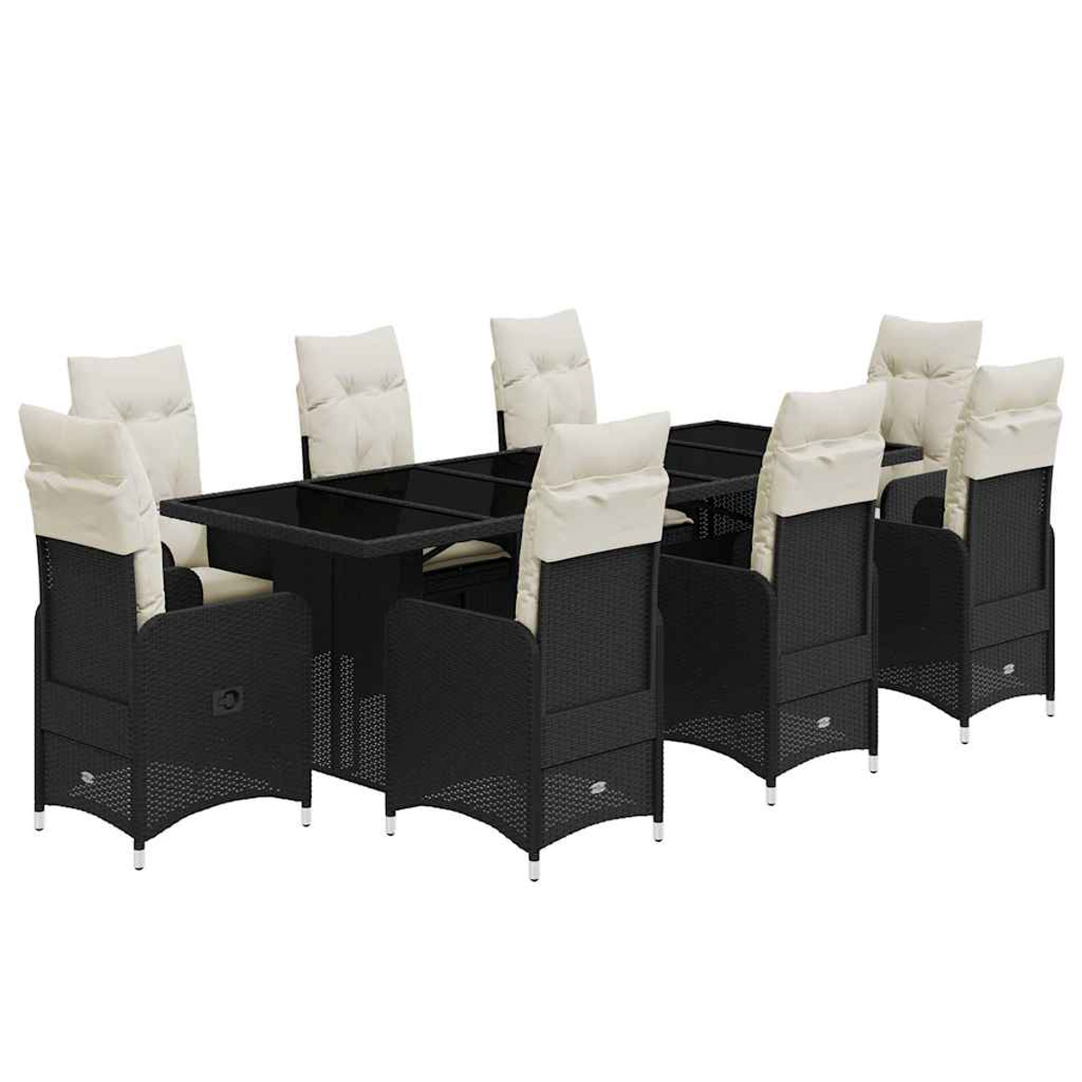 Set da pranzo nero per esterni con tavolo in vetro e cuscini beige. Otto sedie circondano il tavolo.