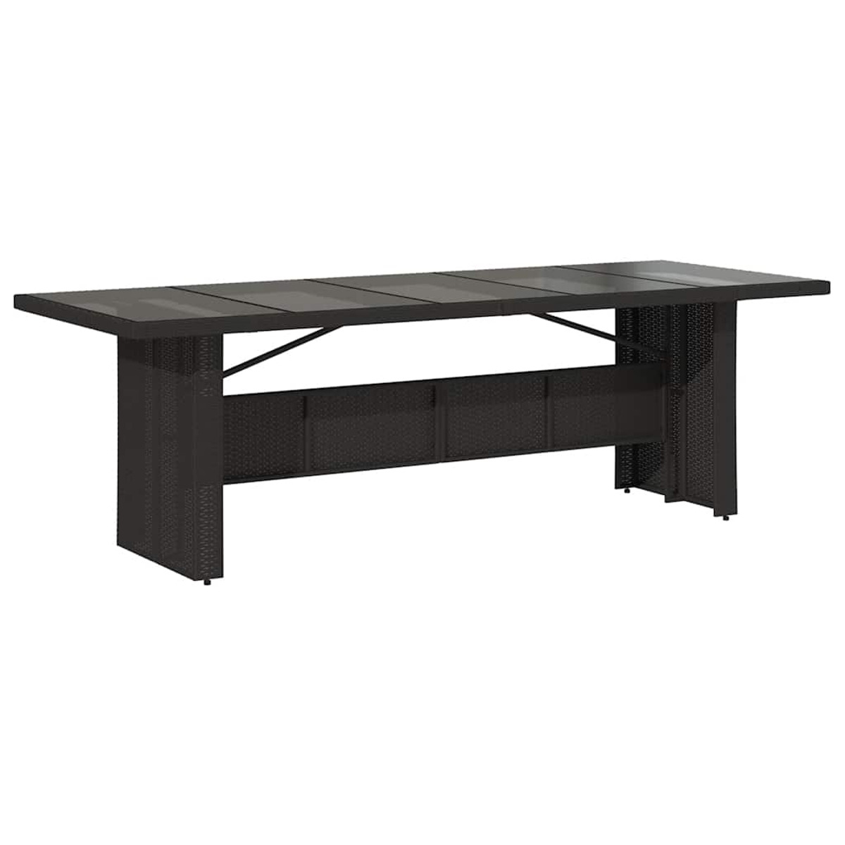 Tavolo da pranzo esterno grigio scuro. Il tavolo ha un piano rettangolare e una base intrecciata.