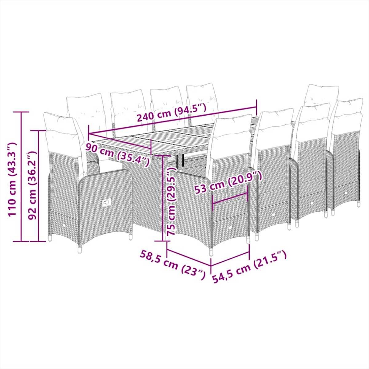 Set da pranzo per esterni con un lungo tavolo e 12 sedie. Le dimensioni sono visualizzate in centimetri.