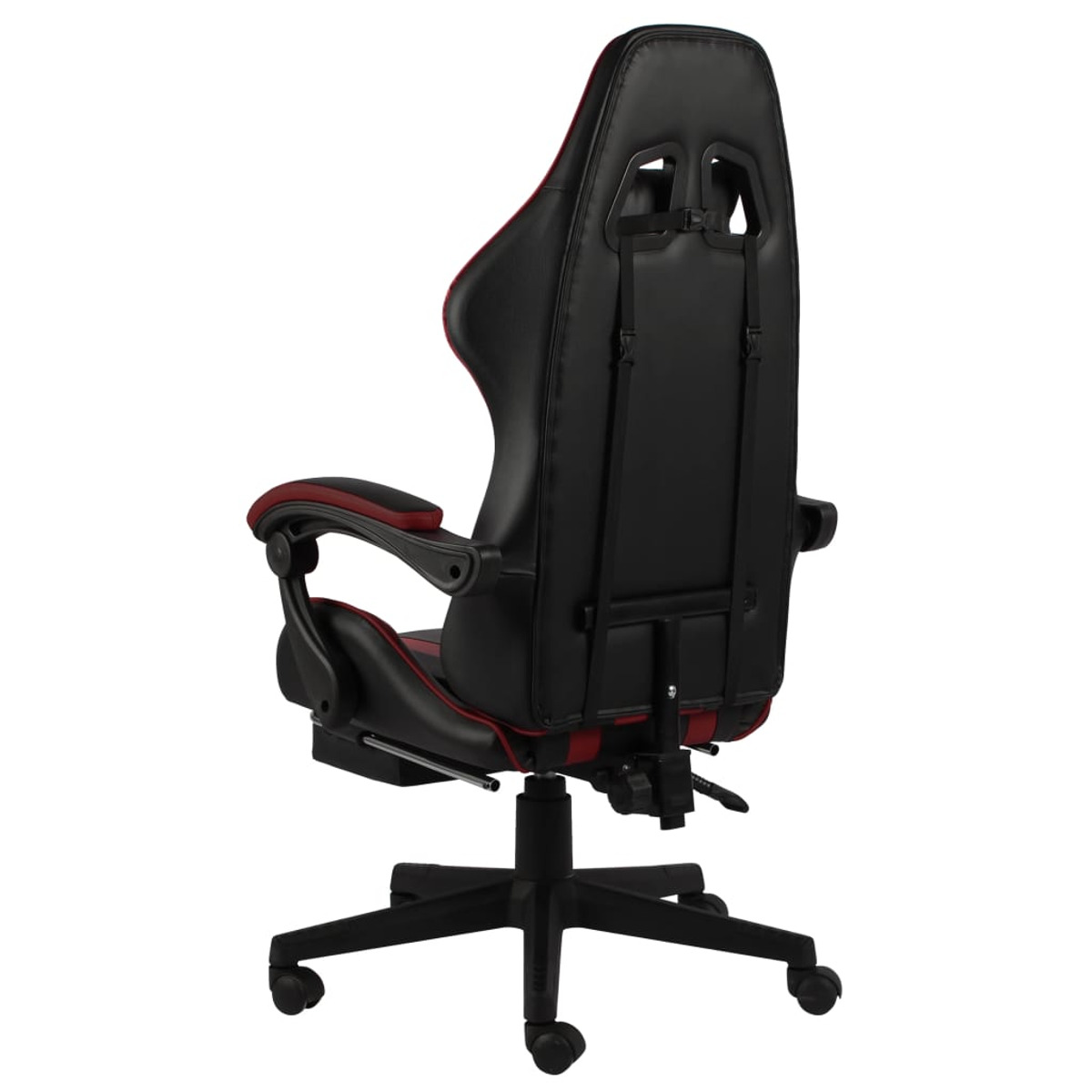 Ein schwarz-roter Gaming-Stuhl, Rückansicht.
