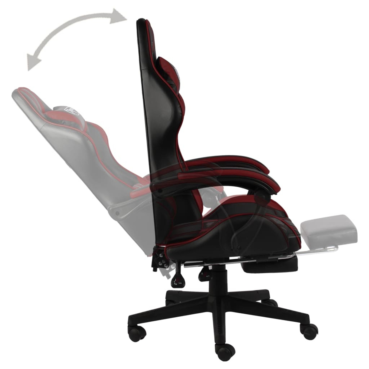 Gaming-Stuhl, zurückgelehnt, mit roten Akzenten auf Schwarz. Fußstütze ausgezogen. Seitenansicht.