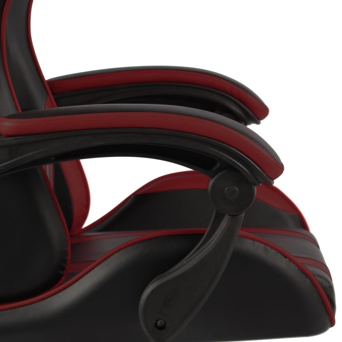 Die schwarz-roten Armlehnen eines Gaming-Stuhls, wobei die roten Streifen einen Kontrast zum Schwarz bilden.